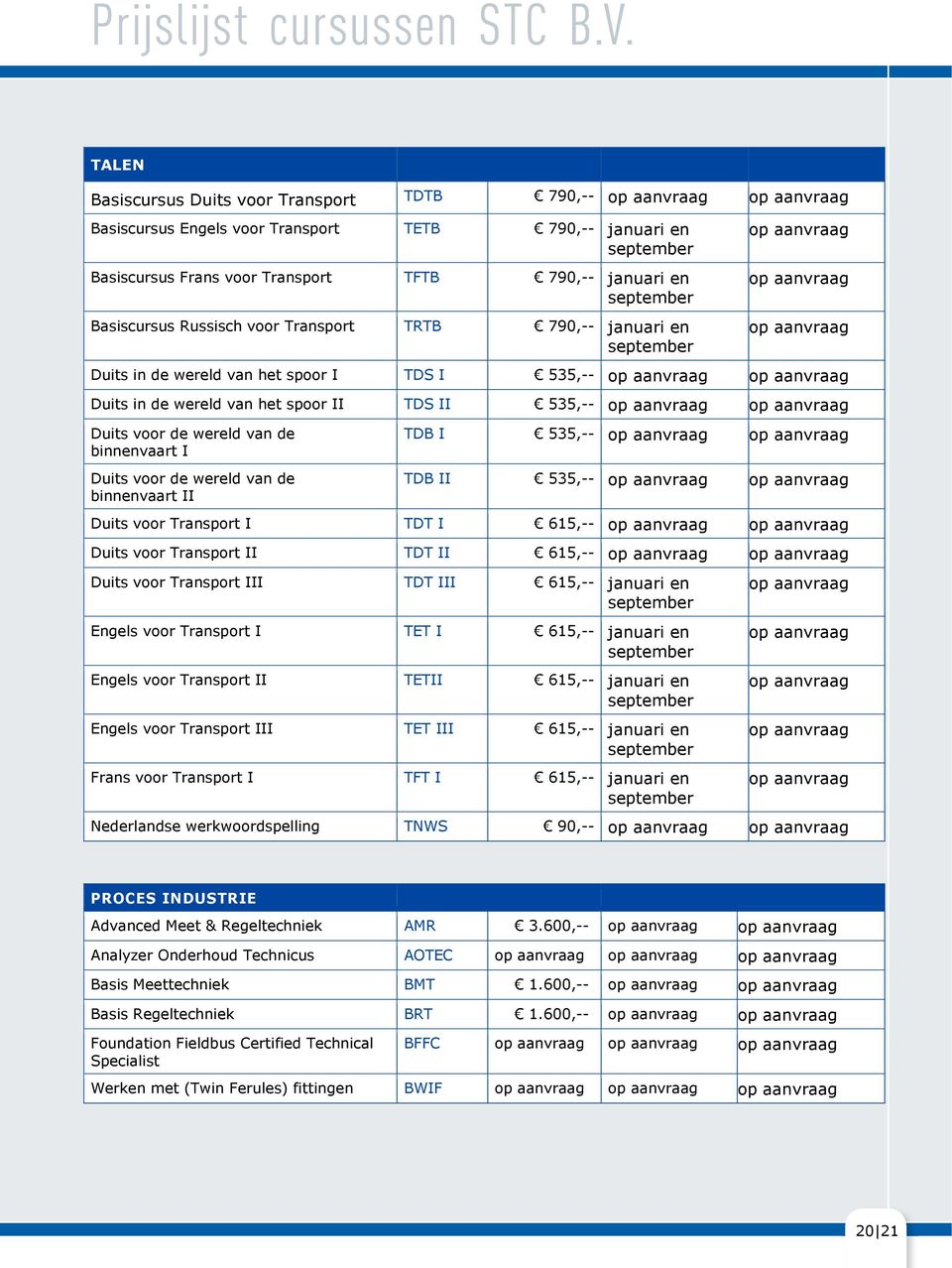 Duits voor de wereld van de binnenvaart II TDB I 535,-- TDB II 535,-- Duits voor Transport I TDT I 615,-- Duits voor Transport II TDT II 615,-- Duits voor Transport III TDT III 615,-- januari en