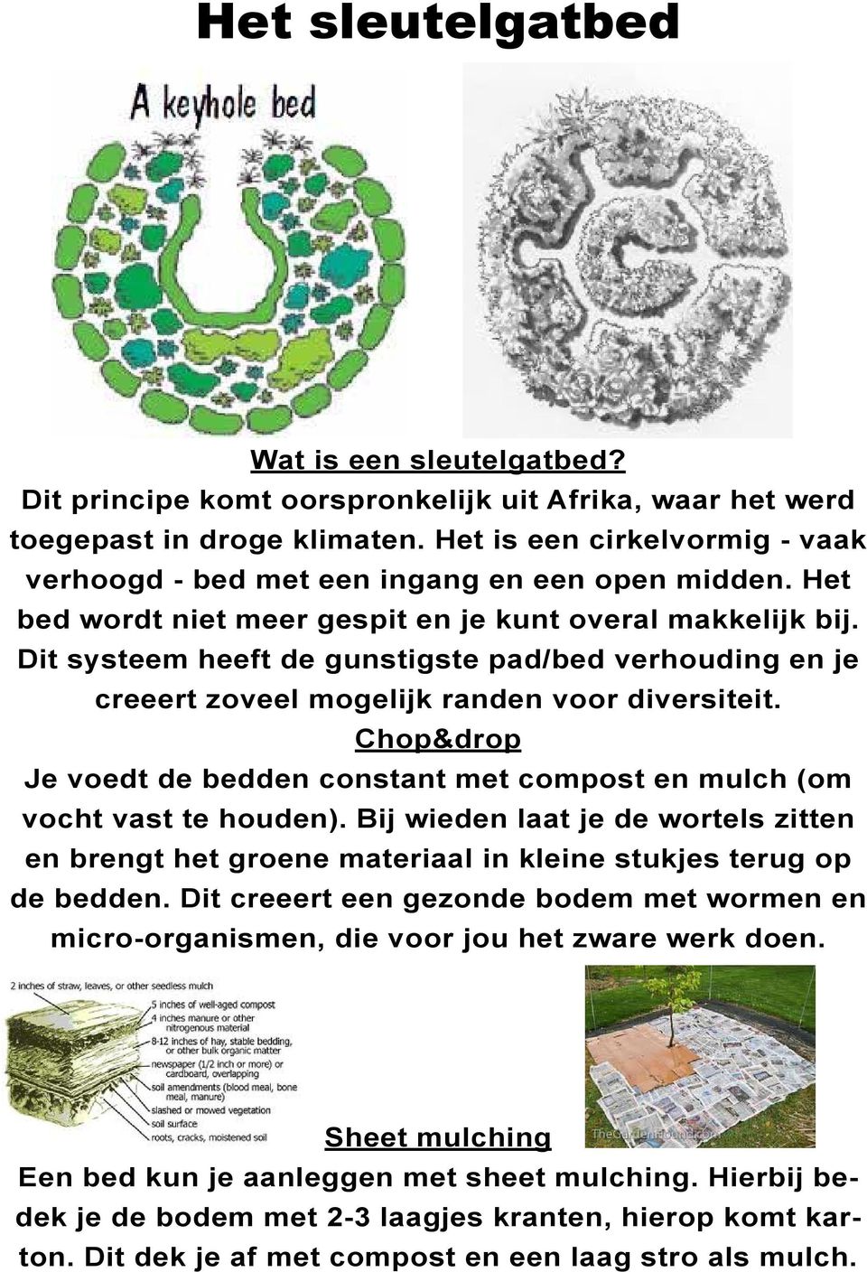 Dit systeem heeft de gunstigste pad/bed verhouding en je creeert zoveel mogelijk randen voor diversiteit. Chop&drop Je voedt de bedden constant met compost en mulch (om vocht vast te houden).