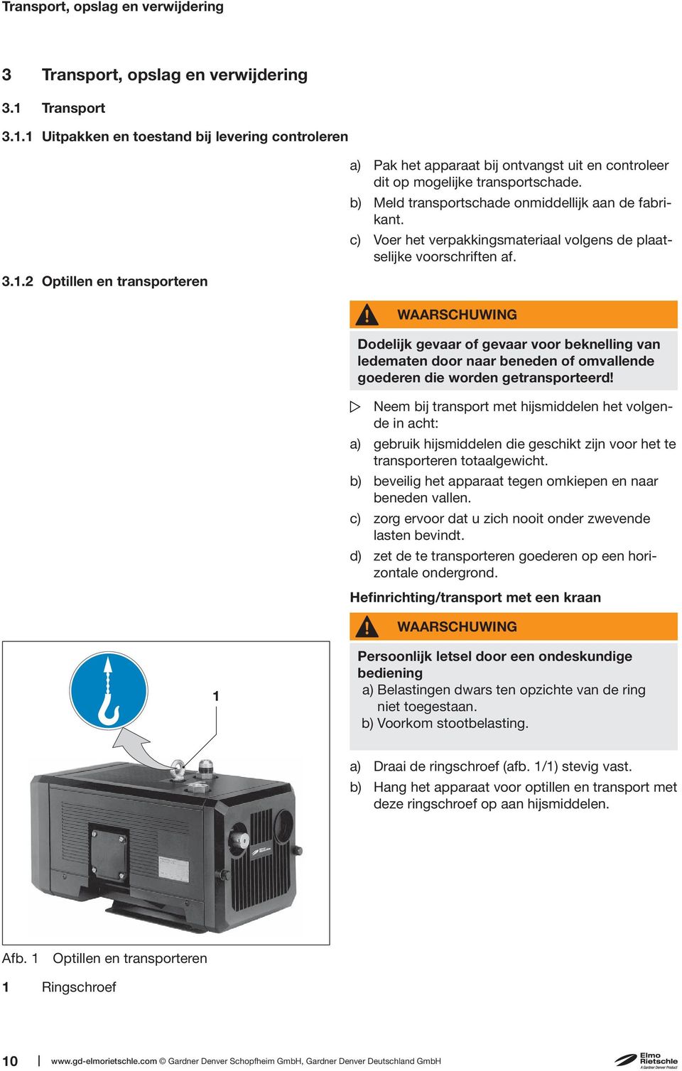 b) Meld transportschade onmiddellijk aan de fabrikant. c) Voer het verpakkingsmateriaal volgens de plaatselijke voorschriften af. 3.1.