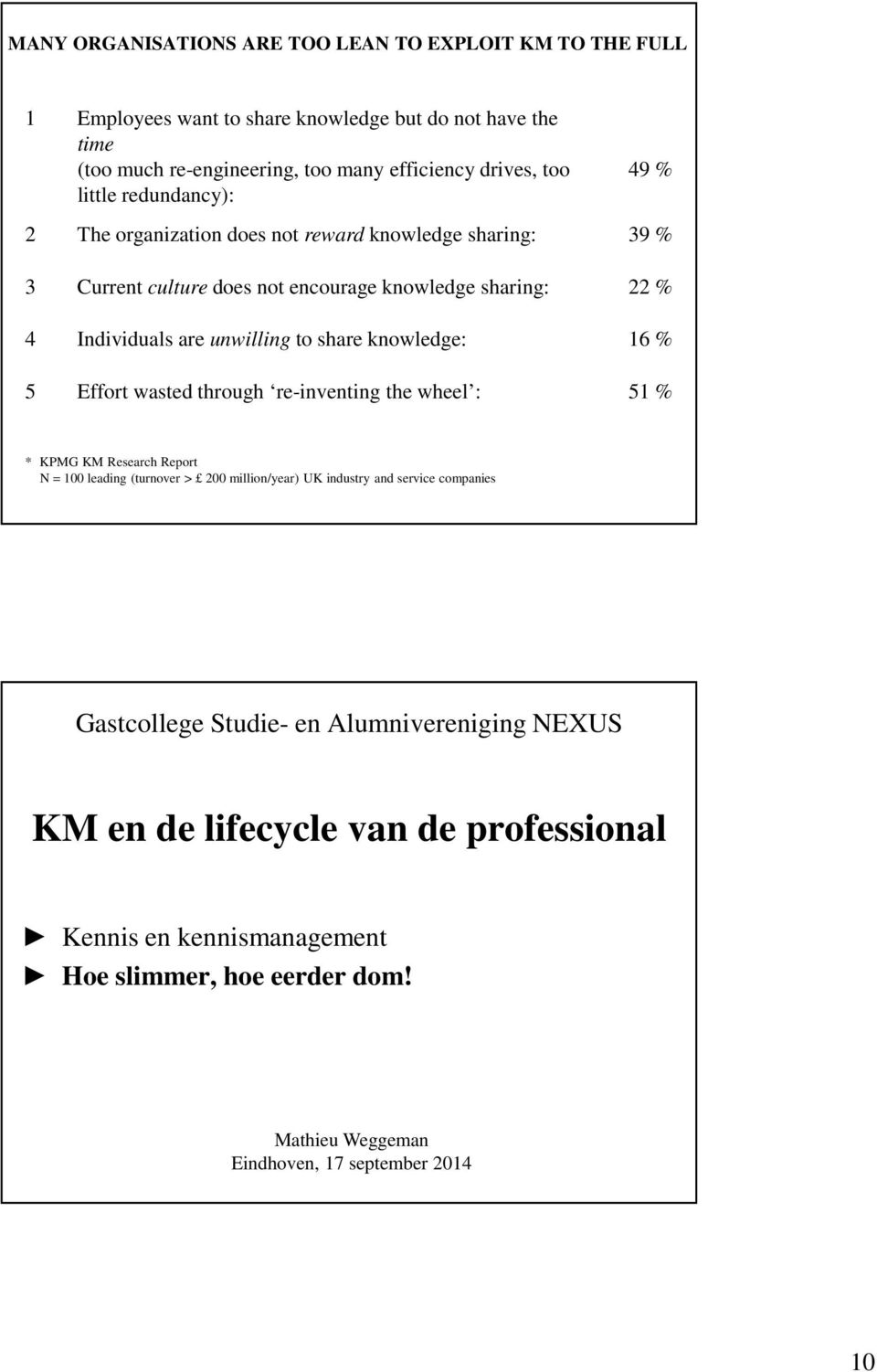 share knowledge: 16 % 5 Effort wasted through re-inventing the wheel : 51 % * KPMG KM Research Report N = 100 leading (turnover > 200 million/year) UK industry and service