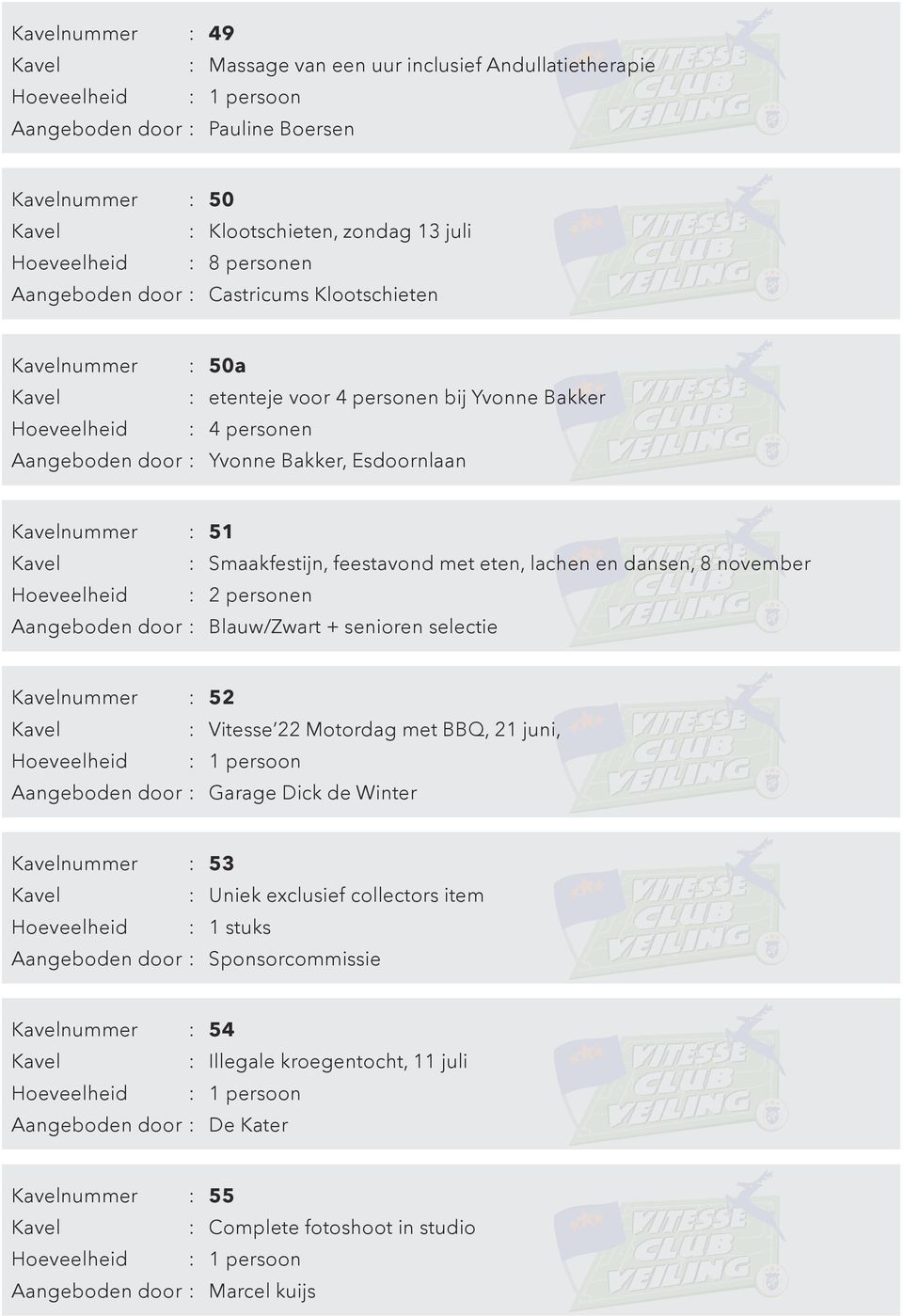 senioren selectie nummer : 52 : Vitesse 22 Motordag met BBQ, 21 juni, Aangeboden door : Garage Dick de Winter nummer : 53 : Uniek exclusief collectors item 1 stuks