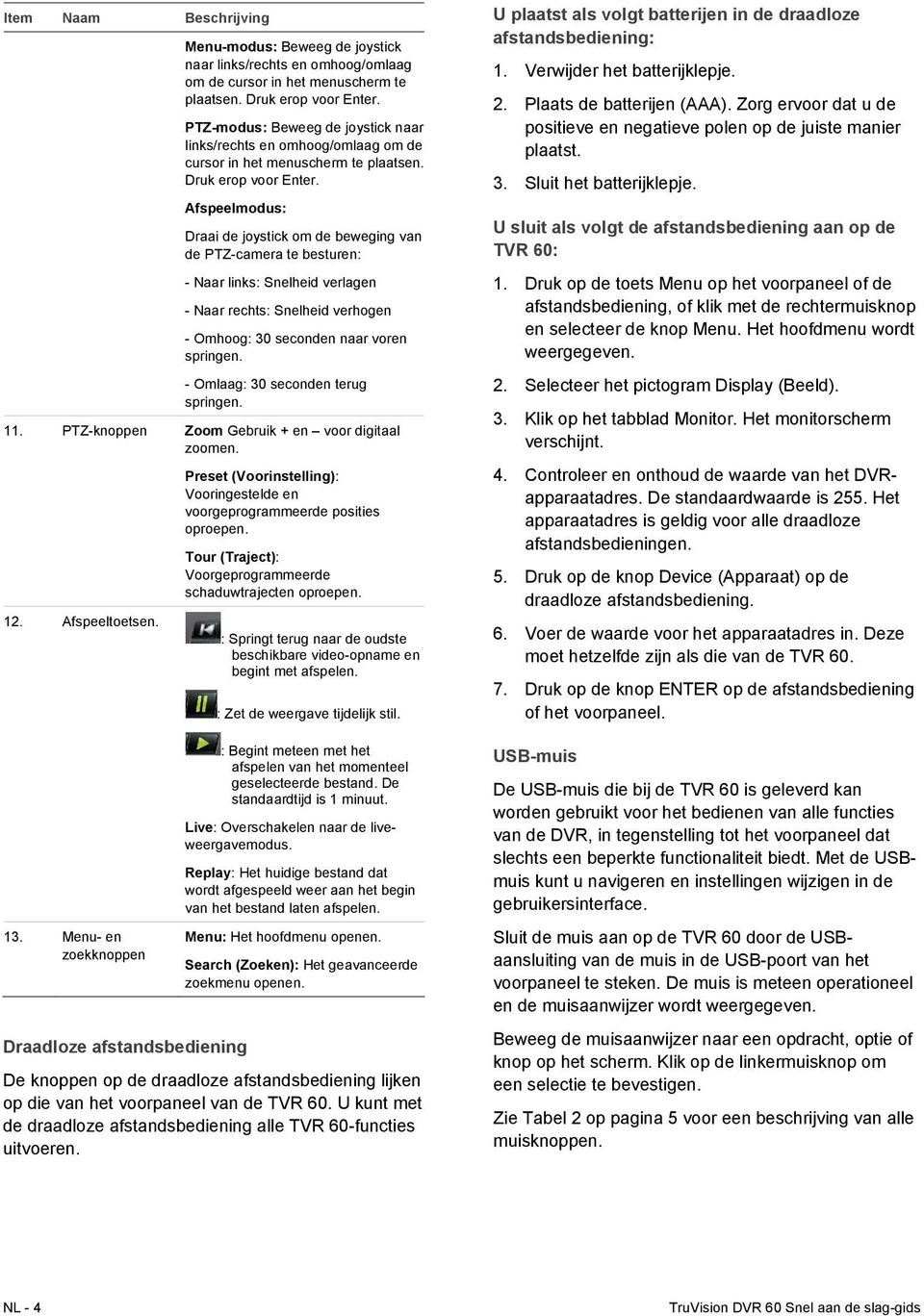 Afspeelmodus: Draai de joystick om de beweging van de PTZ-camera te besturen: - Naar links: Snelheid verlagen - Naar rechts: Snelheid verhogen - Omhoog: 30 seconden naar voren springen.