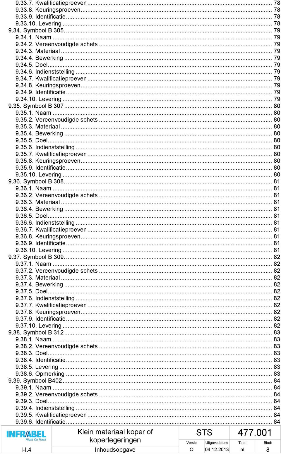 Symbool 307... 80 9.35.. Naam... 80 9.35.2. Vereenvoudigde schets... 80 9.35.3. Materiaal... 80 9.35.4. ewerking... 80 9.35.5. Doel... 80 9.35.6. Indienststelling... 80 9.35.7. Kwalificatieproeven.