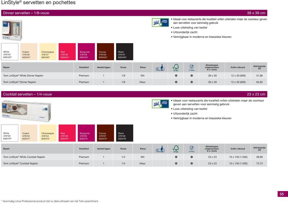600456* Tork LinStyle Dinner Napkin Premium 1 1/8 Wit 39 x 39 12 x 50 (600) 51,96 Tork LinStyle Dinner Napkin Premium 1 1/8 Kleur 39 x 39 12 x 50 (600) 64,95 Cocktail servetten 1/4-vouw 23 x 23 cm
