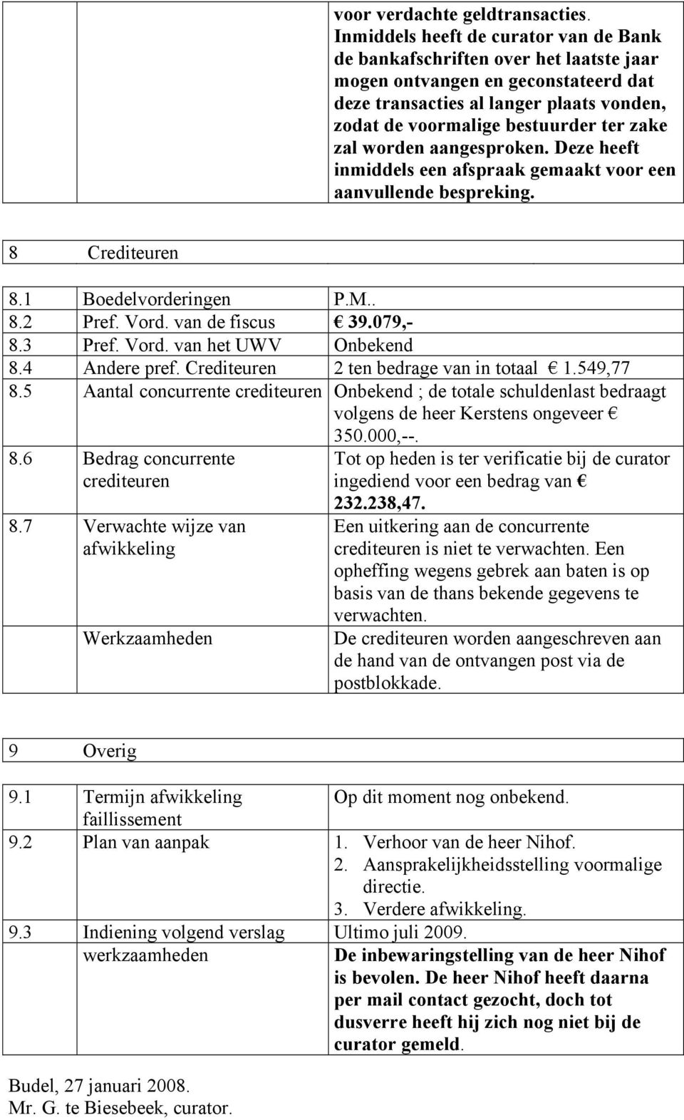 zal worden aangesproken. Deze heeft inmiddels een afspraak gemaakt voor een aanvullende bespreking. 8 Crediteuren 8.1 Boedelvorderingen P.M.. 8.2 Pref. Vord. van de fiscus 39.079,- 8.3 Pref. Vord. van het UWV Onbekend 8.