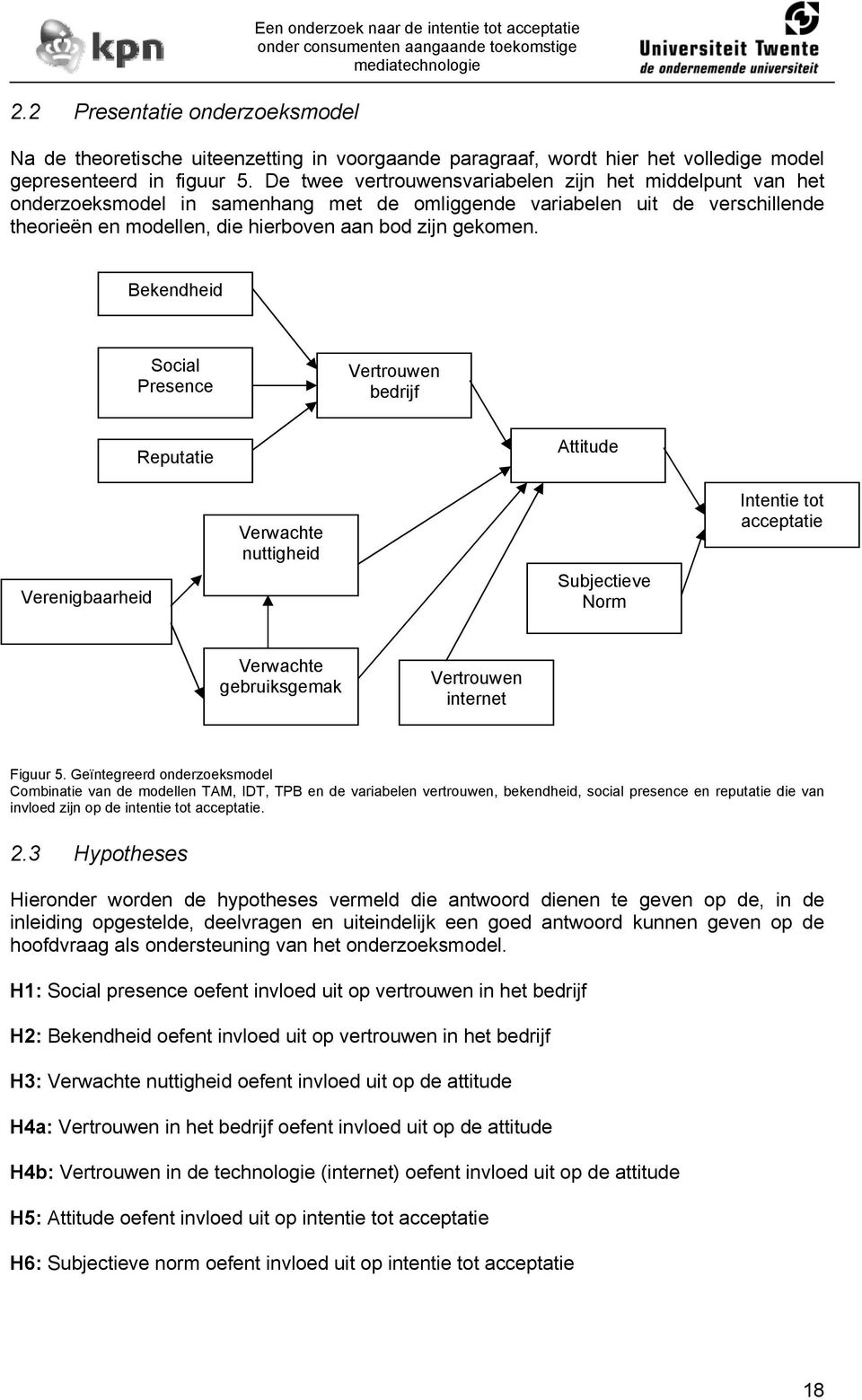 Bekendheid Social Presence Vertrouwen bedrijf Reputatie Attitude Verenigbaarheid Verwachte nuttigheid Subjectieve Norm Intentie tot acceptatie Verwachte gebruiksgemak Vertrouwen internet Figuur 5.