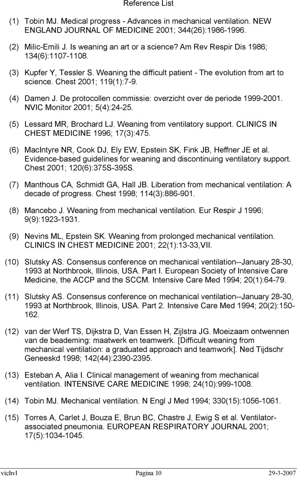 De protocollen commissie: overzicht over de periode 1999-2001. NVIC Monitor 2001; 5(4):24-25. (5) Lessard MR, Brochard LJ. Weaning from ventilatory support. CLINICS IN CHEST MEDICINE 1996; 17(3):475.