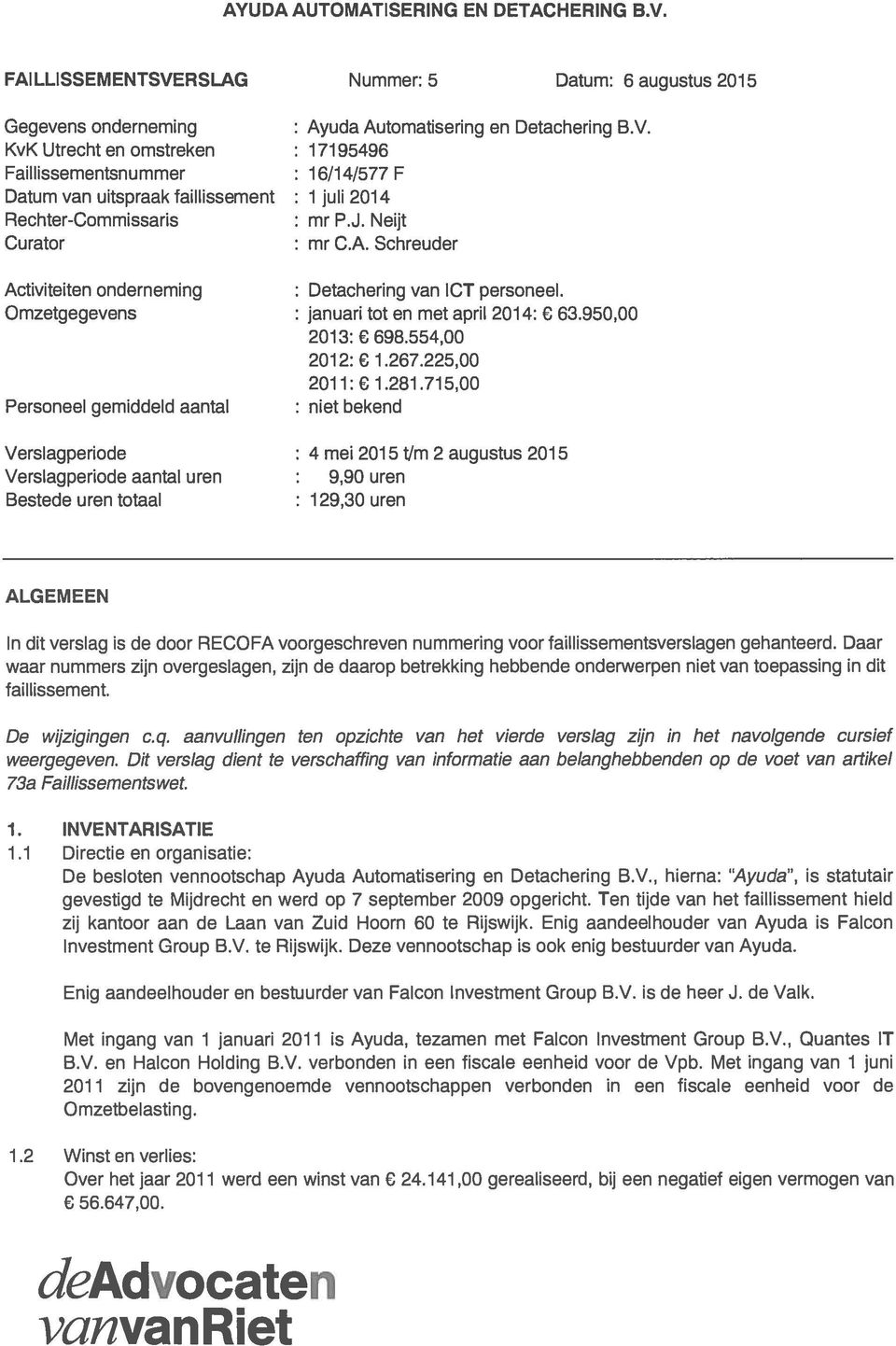 281.715,00 Personeel gemiddeld aantal : niet bekend Verslagperiode : 4 mei 2015 tjm 2 augustus 2015 Verslagperiode aantal uren : 9,90 uren Bestede uren totaal : 129,30 uren ALGEMEEN In dit verslag is