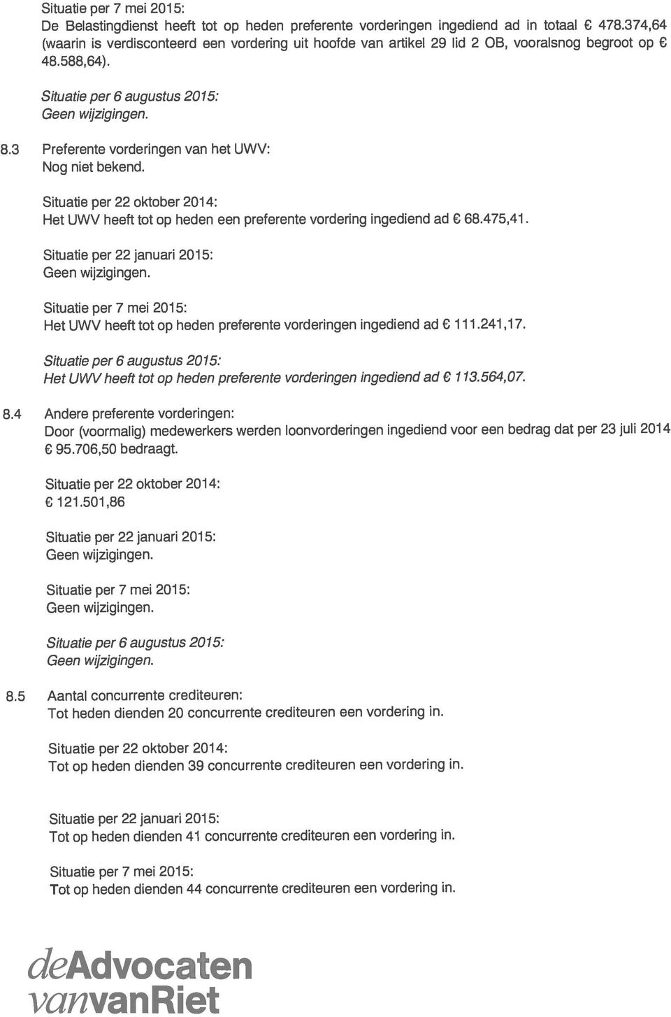 Situatie per 22 januari 2015: Het UWV heeft tot op heden preferente vorderingen ingediend ad 111.241,17. Situatie per augustus2015: Het UVVV heeft tot op heden preferente vorderingen ingediend ad 113.