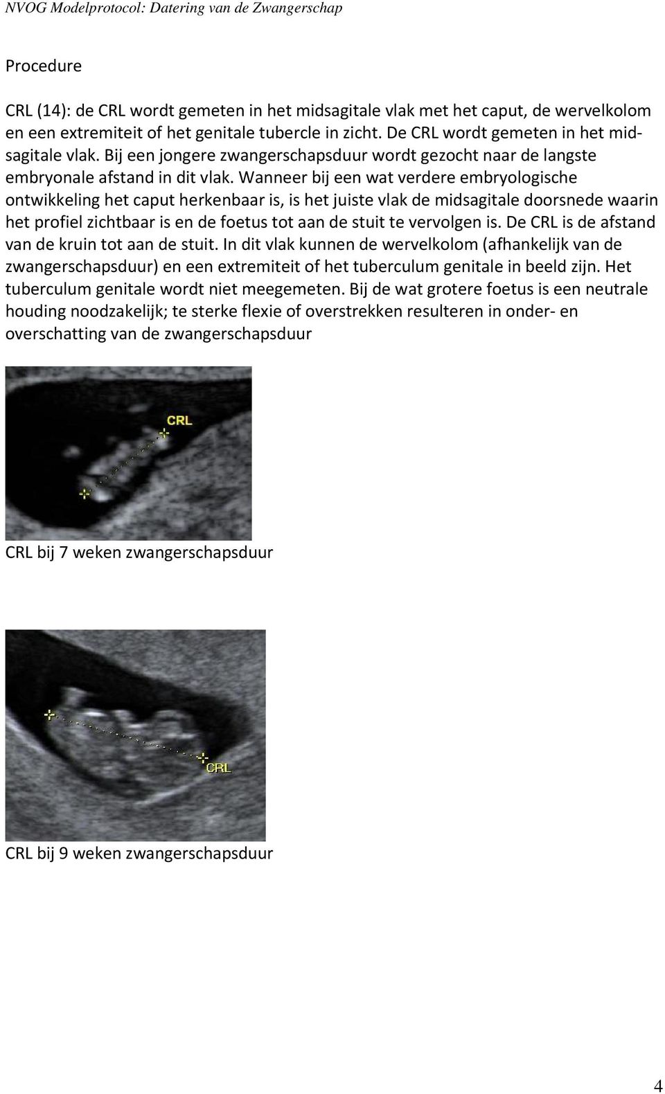 Wanneer bij een wat verdere embryologische ontwikkeling het caput herkenbaar is, is het juiste vlak de midsagitale doorsnede waarin het profiel zichtbaar is en de foetus tot aan de stuit te vervolgen