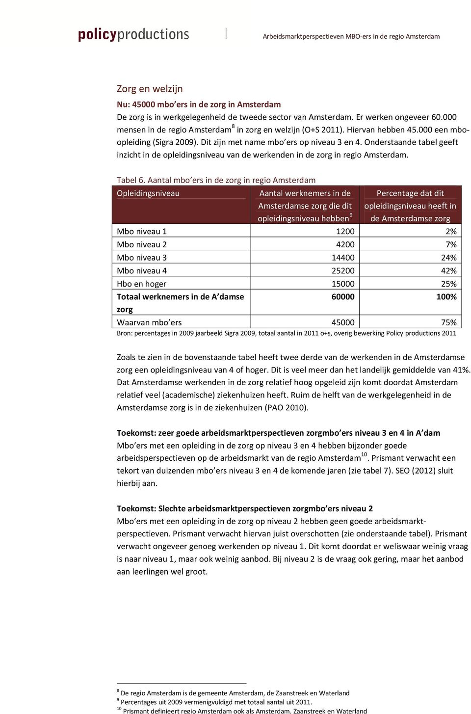 Onderstaande tabel geeft inzicht in de opleidingsniveau van de werkenden in de zorg in regio Amsterdam. Tabel 6.