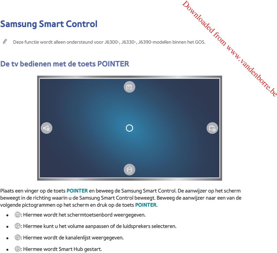De aanwijzer op het scherm beweegt in de richting waarin u de Samsung Smart Control beweegt.