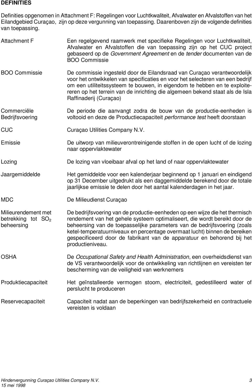 Attachment F BOO Commissie Commerciële Bedrijfsvoering CUC Emissie Lozing Jaargemiddelde MDC Milieurendement met betrekking tot SO 2 beheersing OSHA Produktiecapaciteit Reservecapaciteit Een