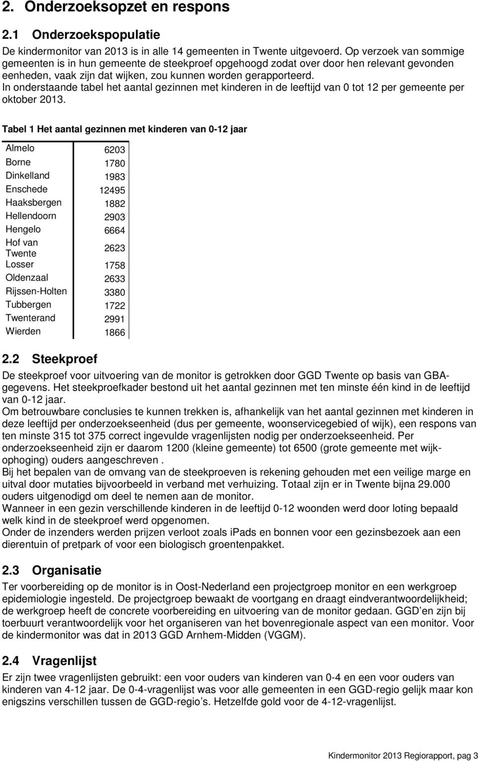 In onderstaande tabel het aantal gezinnen met kinderen in de leeftijd van 0 tot 12 per gemeente per oktober 2013.