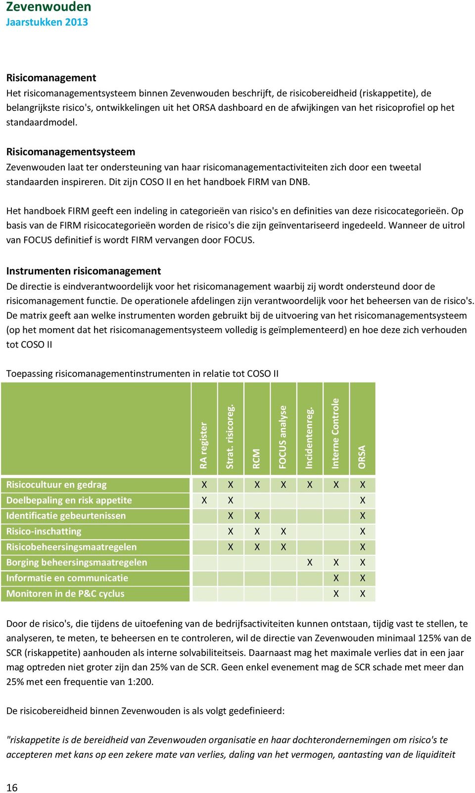 ontwikkelingen uit het ORSA dashboard en de afwijkingen van het risicoprofiel op het standaardmodel.