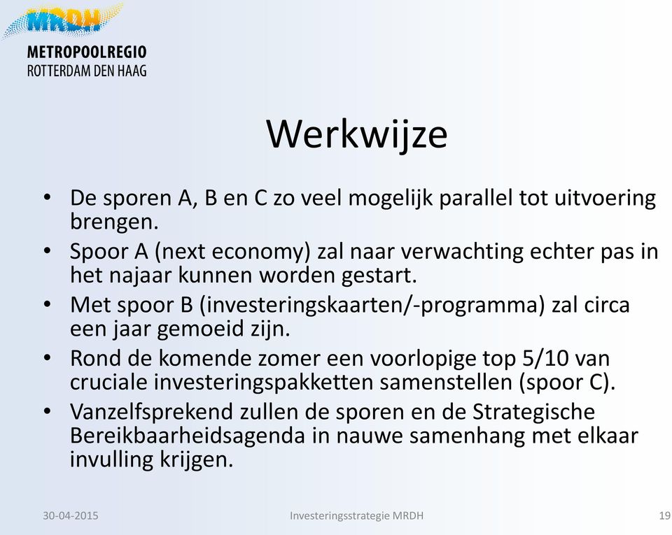 Met spoor B (investeringskaarten/-programma) zal circa een jaar gemoeid zijn.