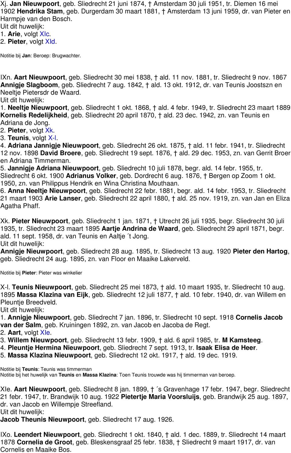 Sliedrecht 9 nov. 1867 Annigje Slagboom, geb. Sliedrecht 7 aug. 1842, ald. 13 okt. 1912, dr. van Teunis Joostszn en Neeltje Pietersdr de Waard. 1. Neeltje Nieuwpoort, geb. Sliedrecht 1 okt. 1868, ald.