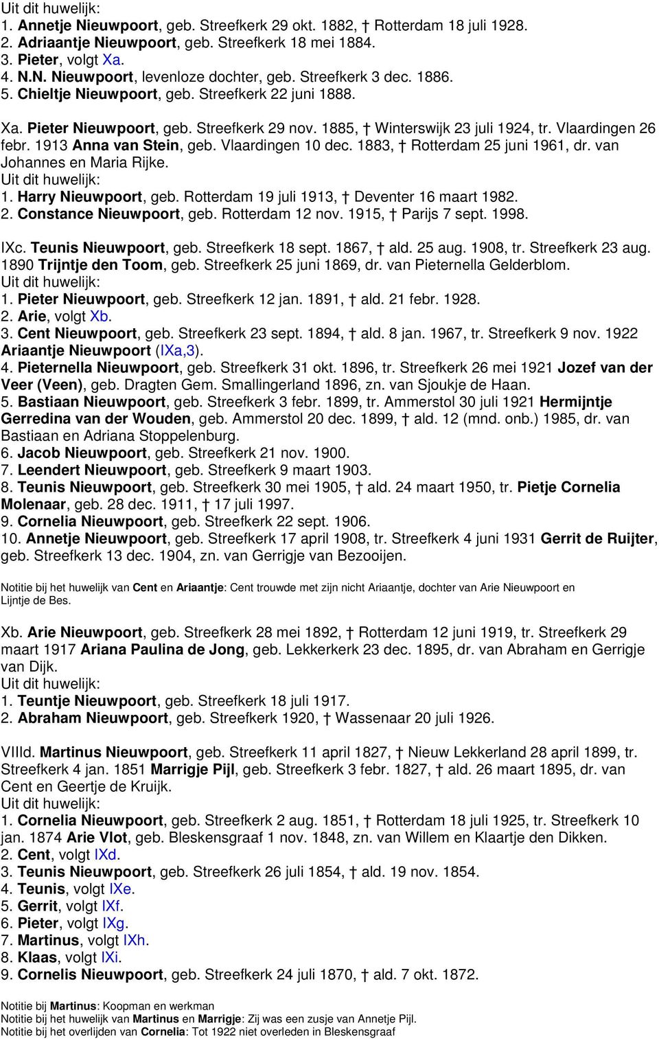 1913 Anna van Stein, geb. Vlaardingen 10 dec. 1883, Rotterdam 25 juni 1961, dr. van Johannes en Maria Rijke. 1. Harry Nieuwpoort, geb. Rotterdam 19 juli 1913, Deventer 16 maart 1982. 2. Constance Nieuwpoort, geb.