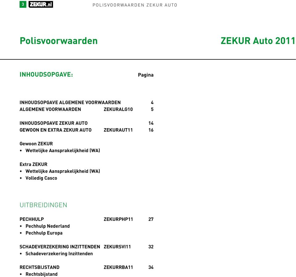 Aansprakelijkheid (WA) Extra ZEKUR Wettelijke Aansprakelijkheid (WA) Volledig Casco UITBREIDINGEN PECHHULP ZEKURPHP 27 Pechhulp