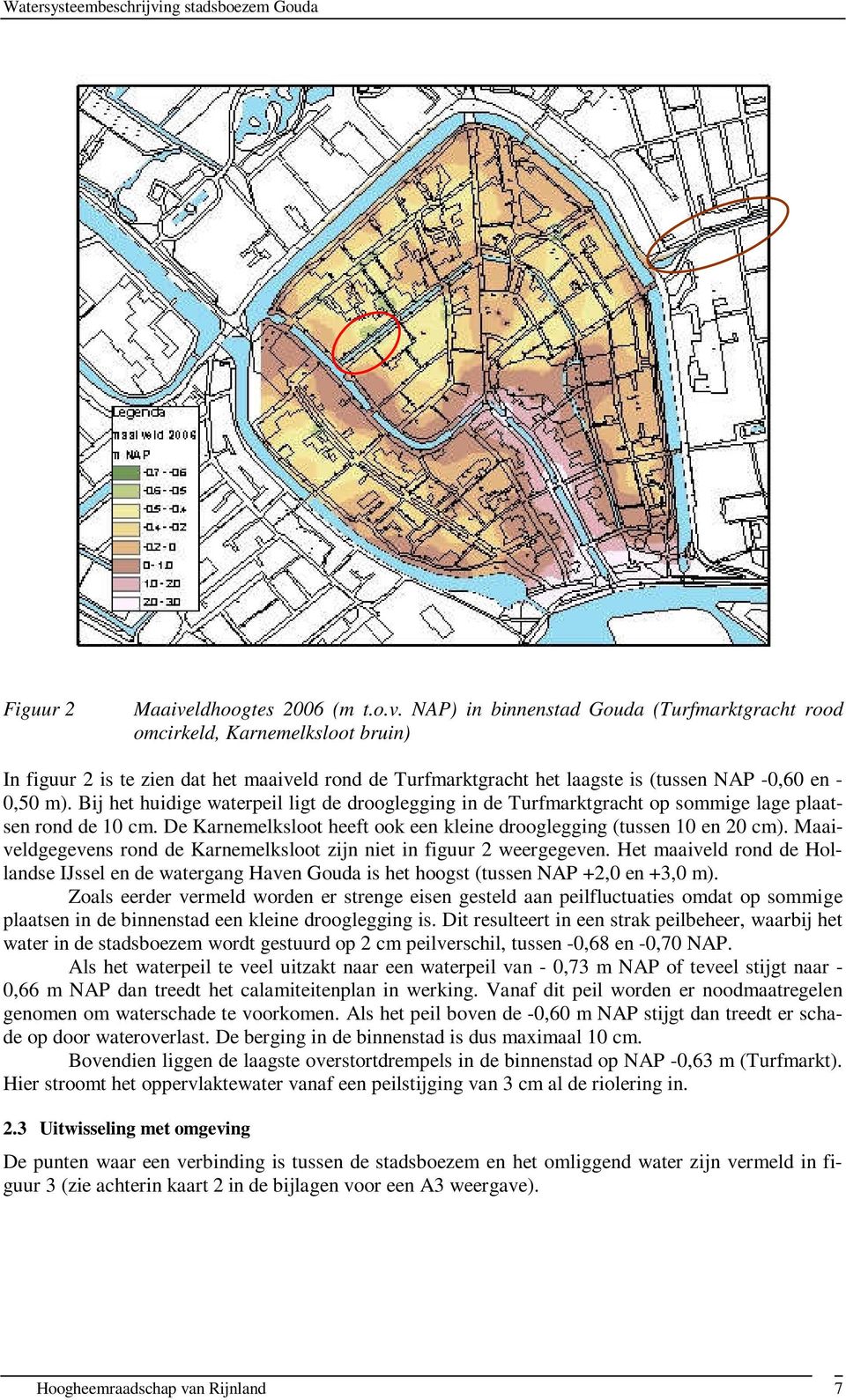 NAP) in binnenstad Gouda (Turfmarktgracht rood omcirkeld, Karnemelksloot bruin) In figuur 2 is te zien dat het maaiveld rond de Turfmarktgracht het laagste is (tussen NAP -0,60 en - 0,50 m).