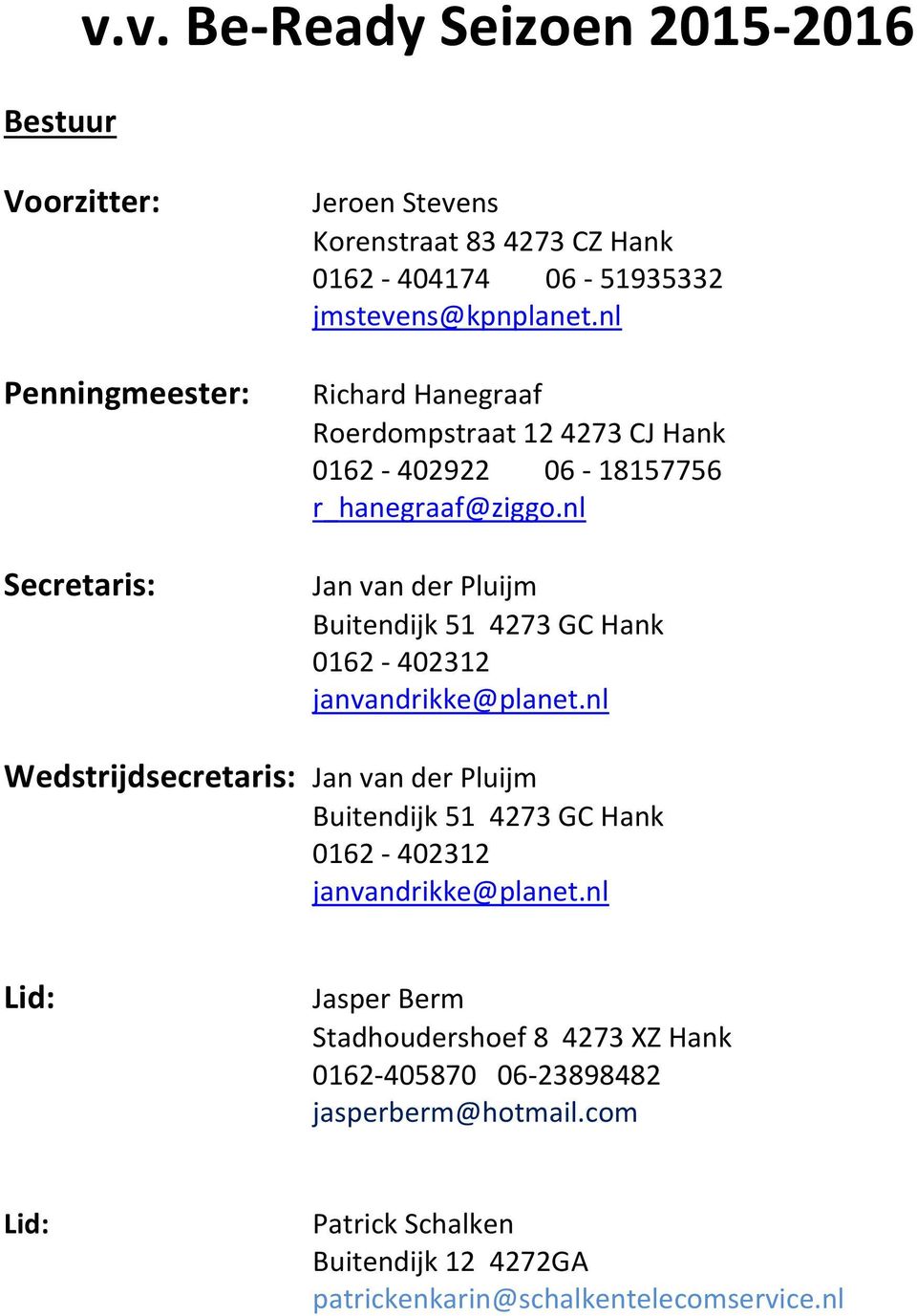 nl Richard Hanegraaf Roerdompstraat 12 4273 CJ Hank 0162-402922 06-18157756 r_hanegraaf@ziggo.