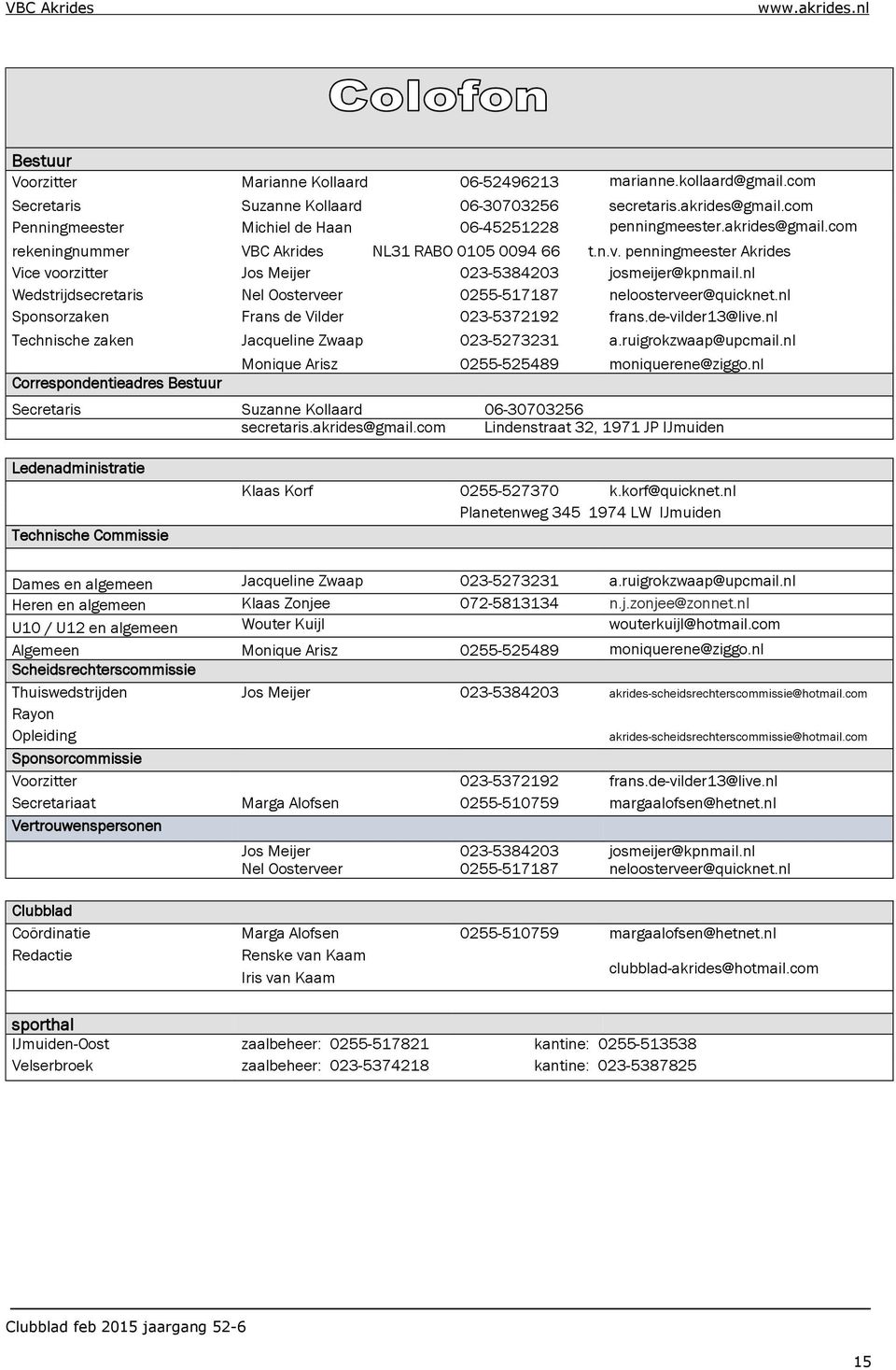 penningmeester Akrides Vice voorzitter Jos Meijer 023-5384203 josmeijer@kpnmail.nl Wedstrijdsecretaris Nel Oosterveer 0255-517187 neloosterveer@quicknet.