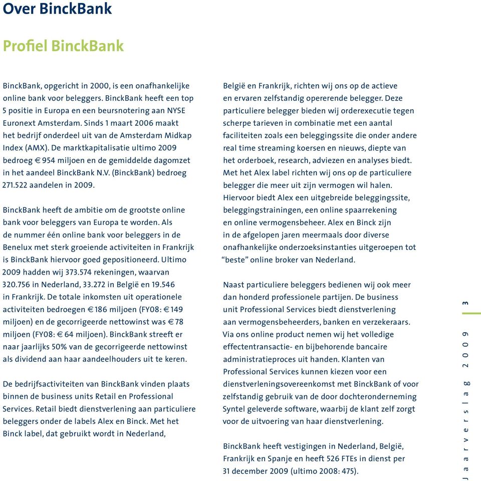 De marktkapitalisatie ultimo 2009 bedroeg 954 miljoen en de gemiddelde dagomzet in het aandeel BinckBank N.V. (BinckBank) bedroeg 271.522 aandelen in 2009.