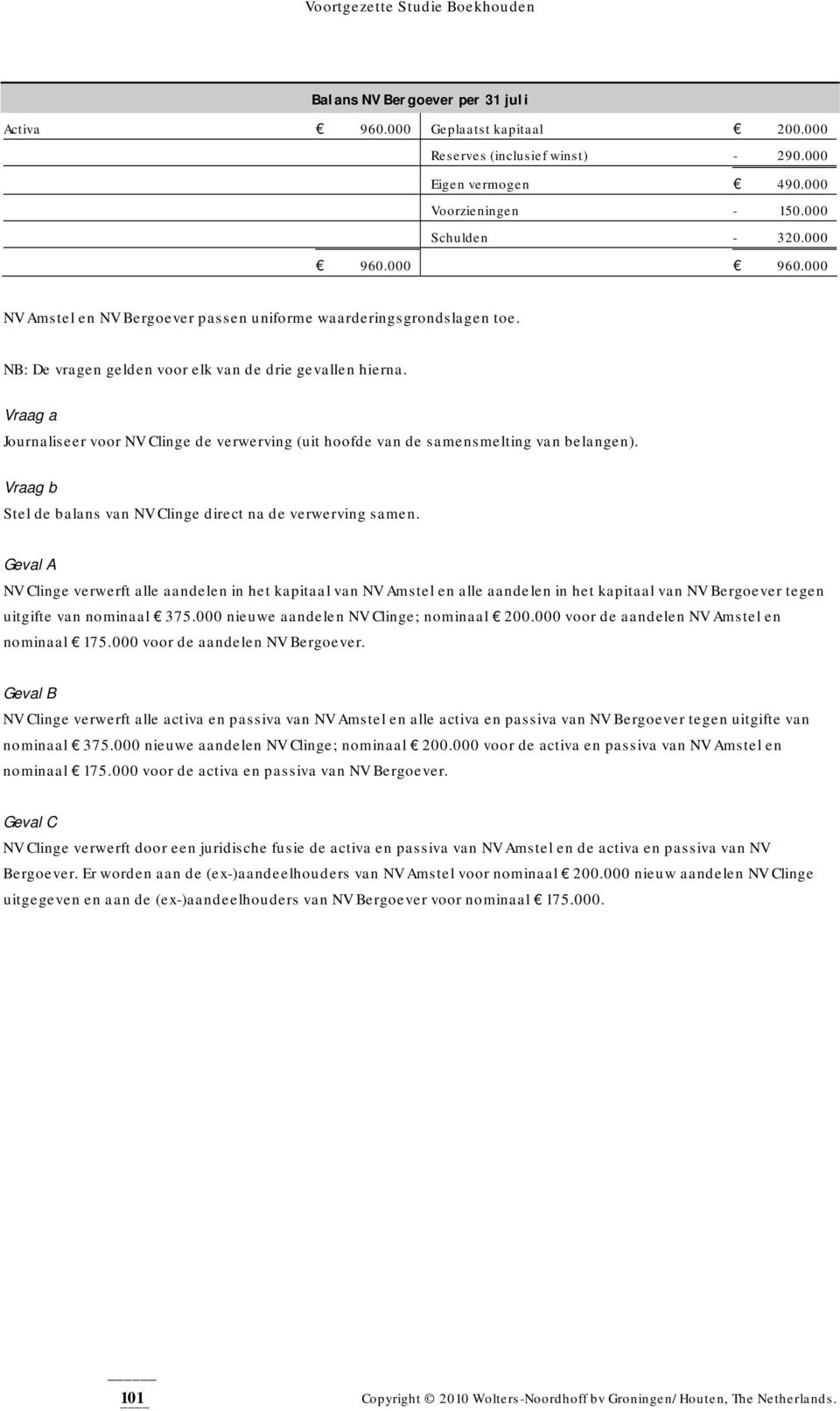 Journaliseer voor NV Clinge de verwerving (uit hoofde van de samensmelting van belangen). Stel de balans van NV Clinge direct na de verwerving samen.