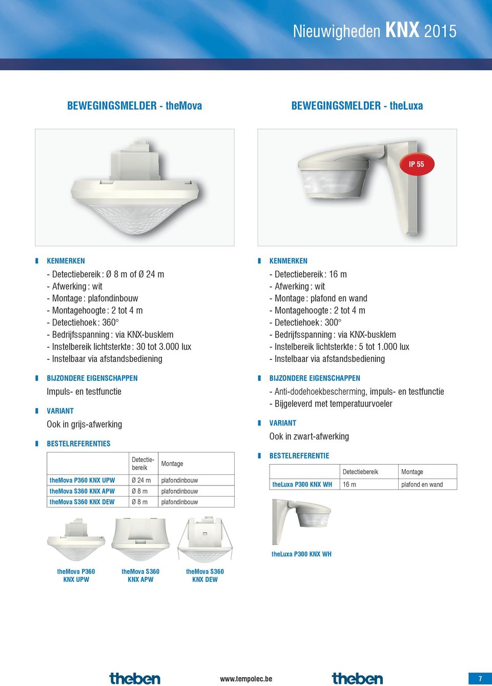 000 lux - Instelbaar via afstandsbediening BIJZONDERE EIGENSCHAPPEN Impuls- en testfunctie VARIANT Ook in grijs-afwerking Detectiebereik Montage themova P360 KNX UPW Ø 24 m plafondinbouw themova S360