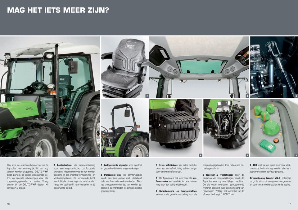 1 Comfortcabine: de cabineoplossing voor een ergonomische, comfortabele werkplek. Met een voorruit die kan worden geopend en een krachtig verwarmings- en ventilatiesysteem.