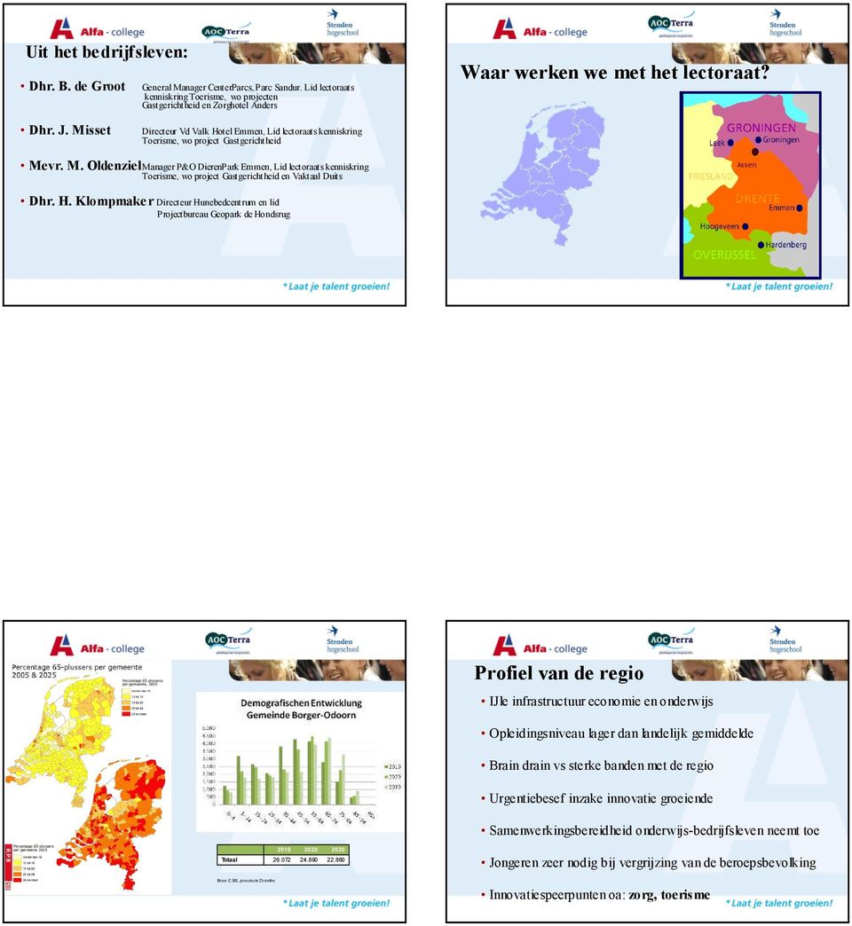 H. Klompmaker Directeur Hunebedcentrum en lid Projectbureau Geopark de Hondsrug Profiel van de regio IJle infrastructuur economie en onderwijs Opleidingsniveau lager dan landelijk gemiddelde Brain