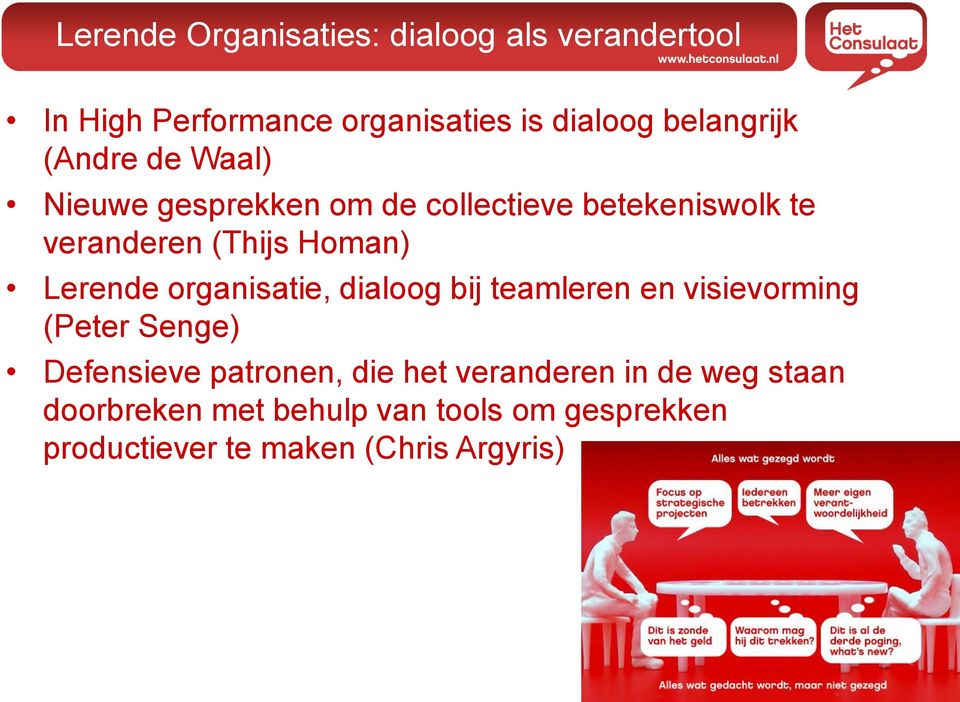 organisatie, dialoog bij teamleren en visievorming (Peter Senge) Defensieve patronen, die het