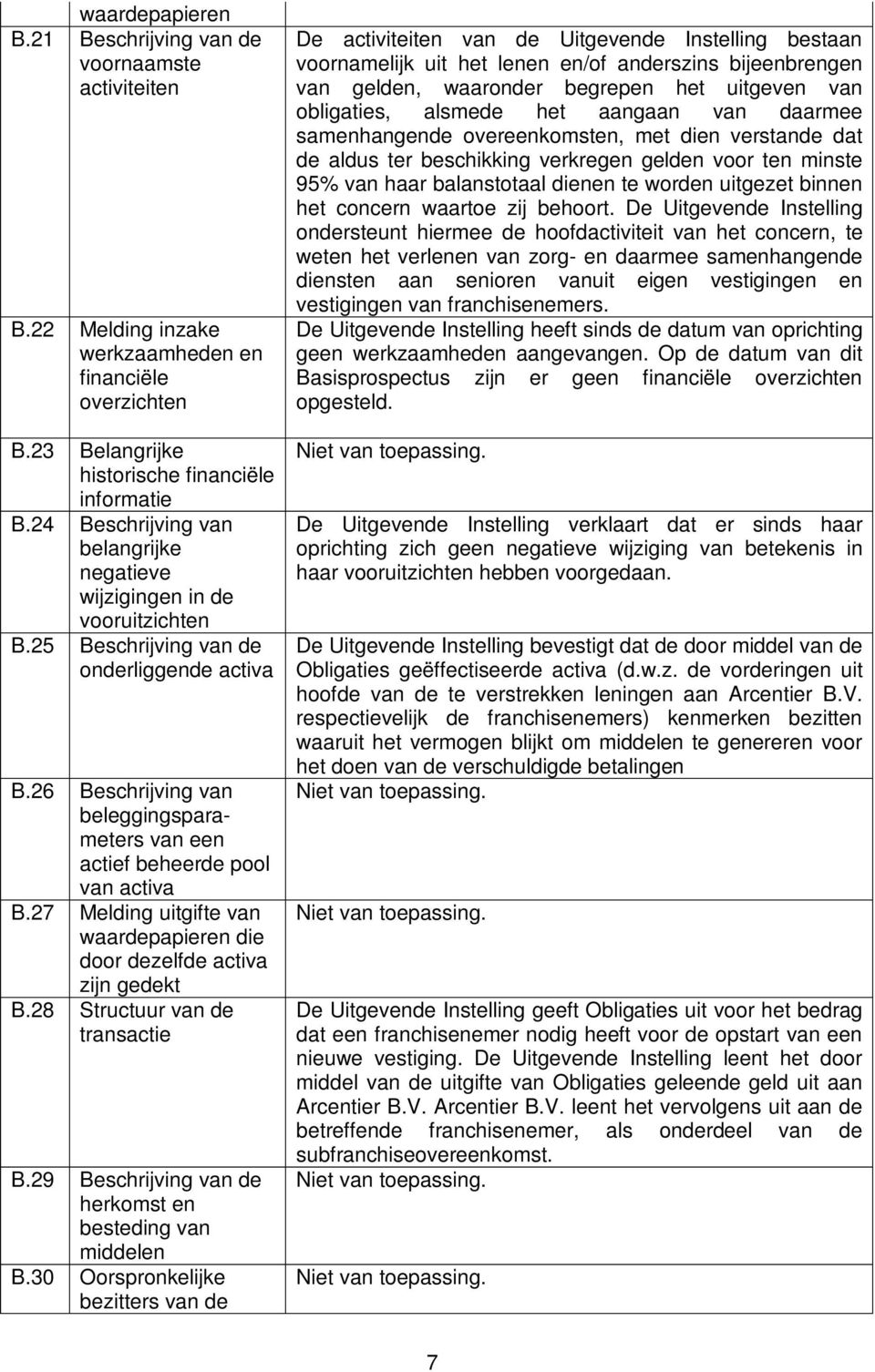 26 Beschrijving van beleggingsparameters van een actief beheerde pool van activa B.27 Melding uitgifte van waardepapieren die door dezelfde activa zijn gedekt B.28 Structuur van de transactie B.