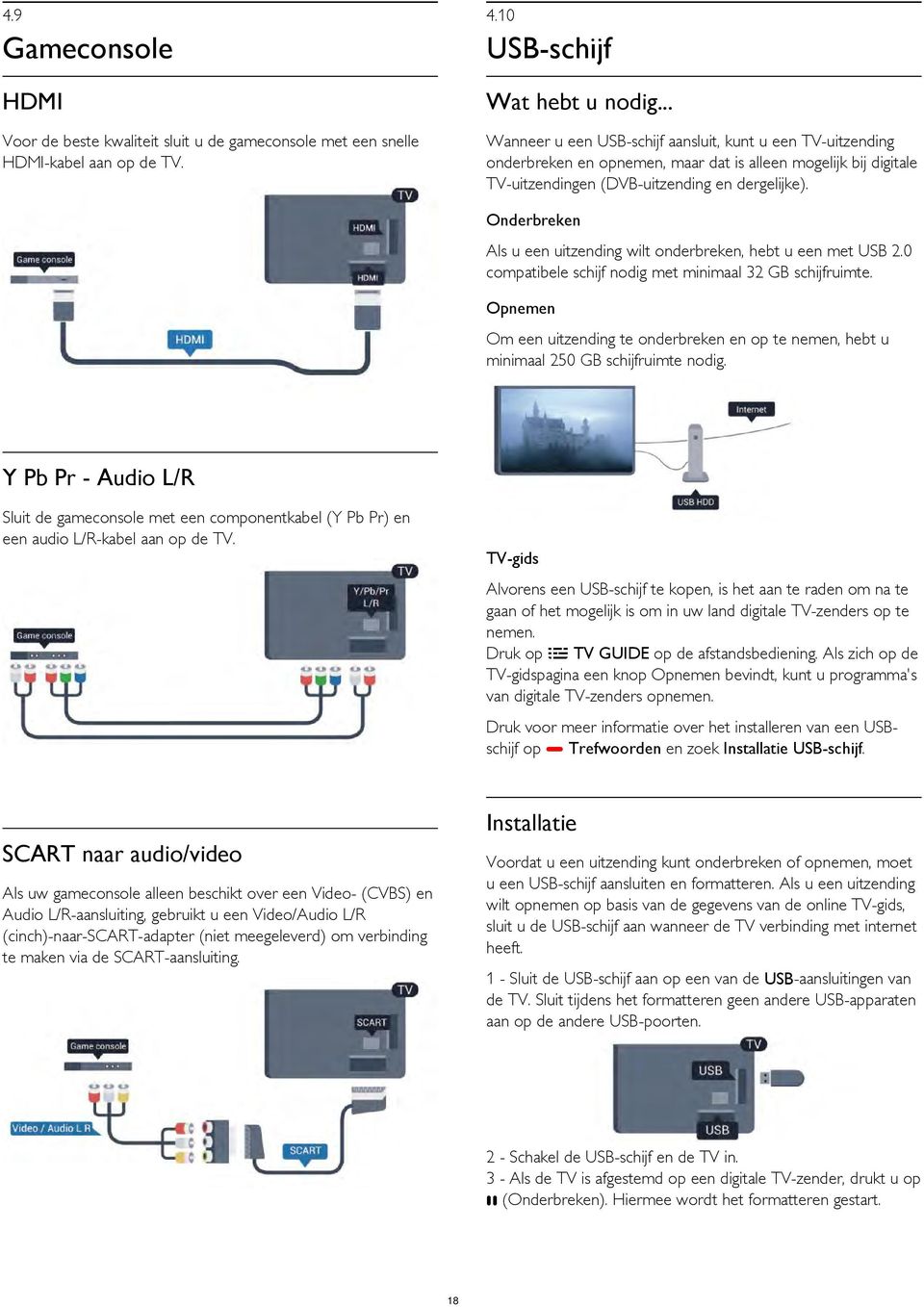 Onderbreken Als u een uitzending wilt onderbreken, hebt u een met USB 2.0 compatibele schijf nodig met minimaal 32 GB schijfruimte.