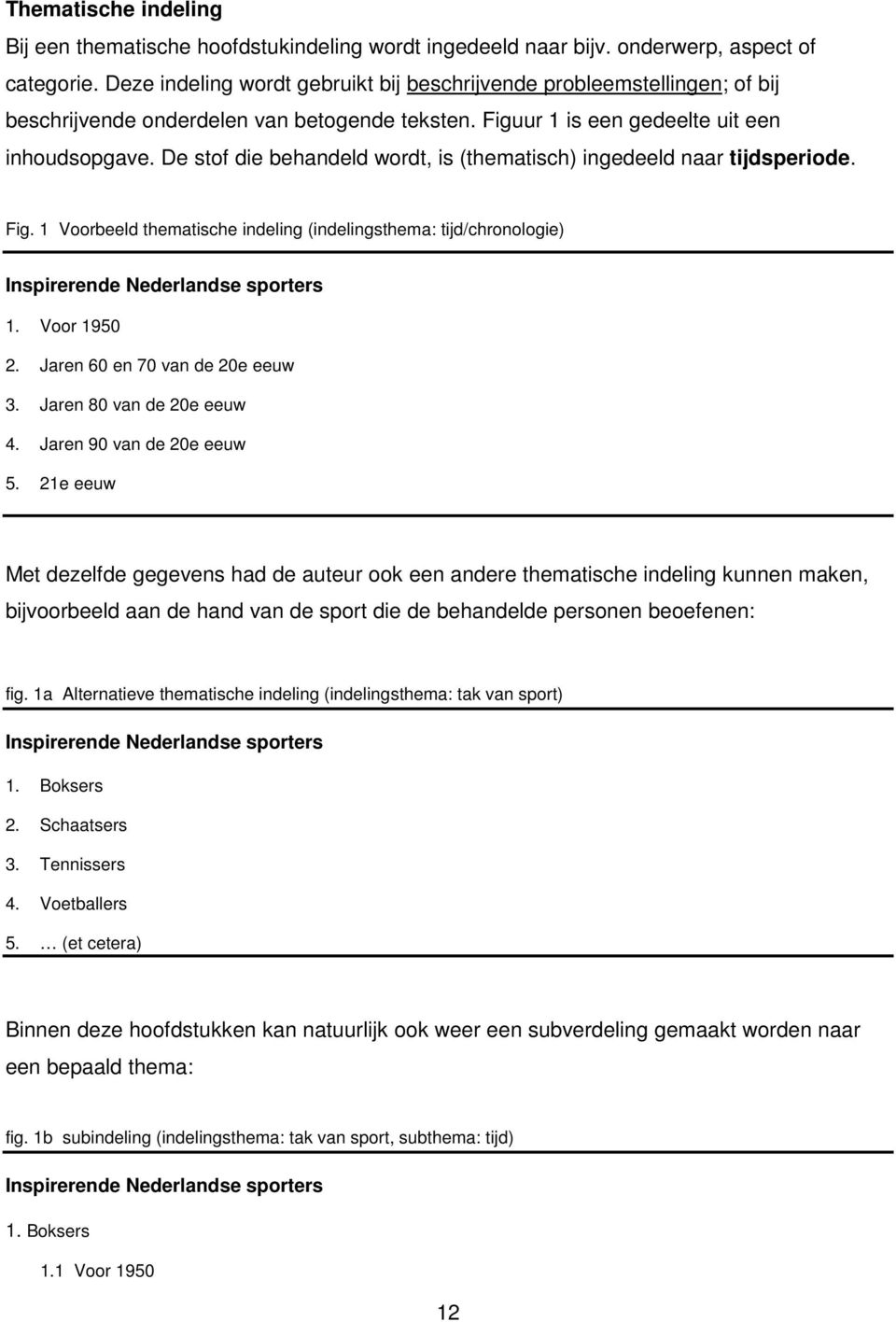 De stof die behandeld wordt, is (thematisch) ingedeeld naar tijdsperiode. Fig. 1 Voorbeeld thematische indeling (indelingsthema: tijd/chronologie) Inspirerende Nederlandse sporters 1. Voor 1950 2.