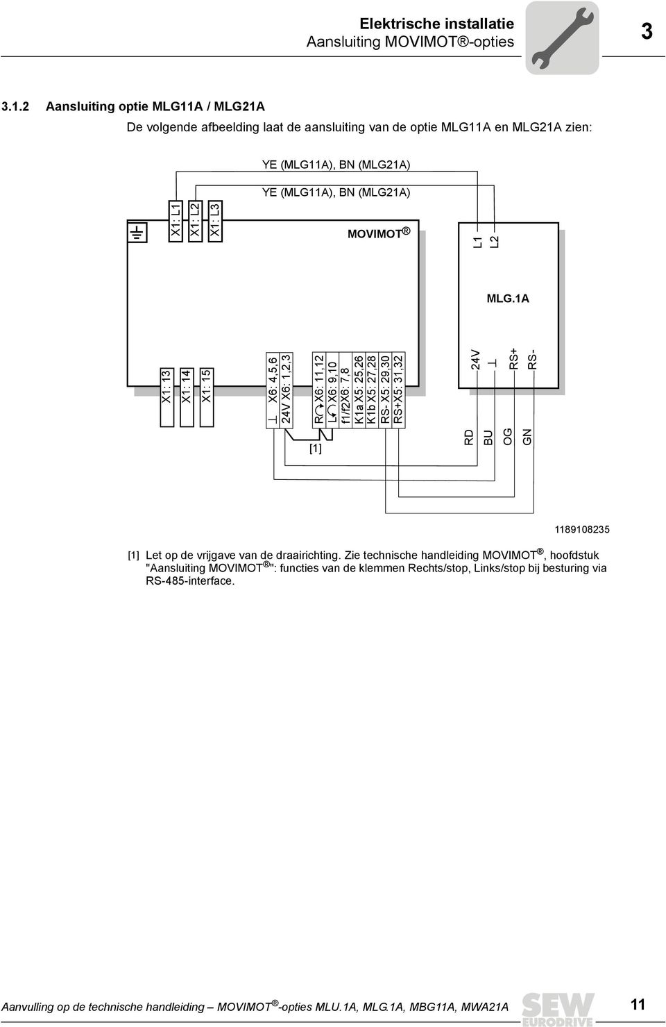 1A X6: 4,5,6 24V X6: 1,2,3 R X6: 11,12 L X6: 9,10 f1/f2 X6: 7,8 K1a X5: 25,26 K1b X5: 27,28 RS- X5: 29,30 RS+ X5: 31,32 24V RS+ RS- X1: L1 X1: L2 X1: L3 [1] RD BU OG GN 1189108235