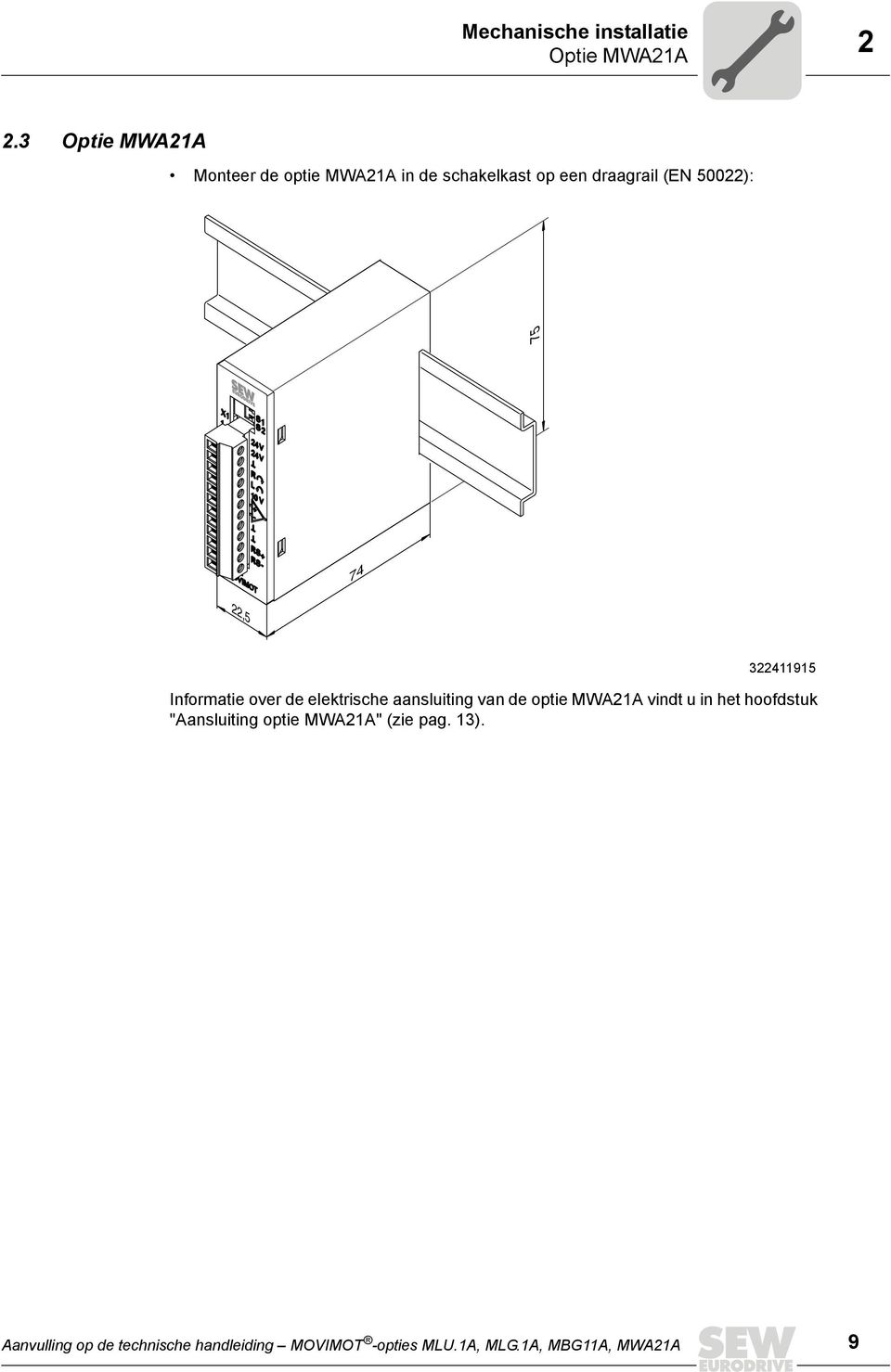 22,5 322411915 Informatie over de elektrische aansluiting van de optie MWA21A vindt u in