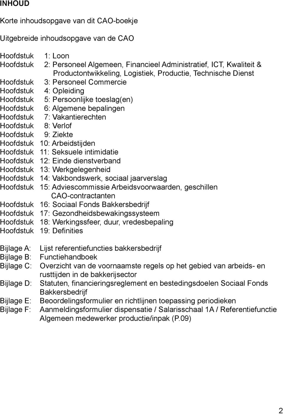 Hoofdstuk 8: Verlof Hoofdstuk 9: Ziekte Hoofdstuk 10: Arbeidstijden Hoofdstuk 11: Seksuele intimidatie Hoofdstuk 12: Einde dienstverband Hoofdstuk 13: Werkgelegenheid Hoofdstuk 14: Vakbondswerk,