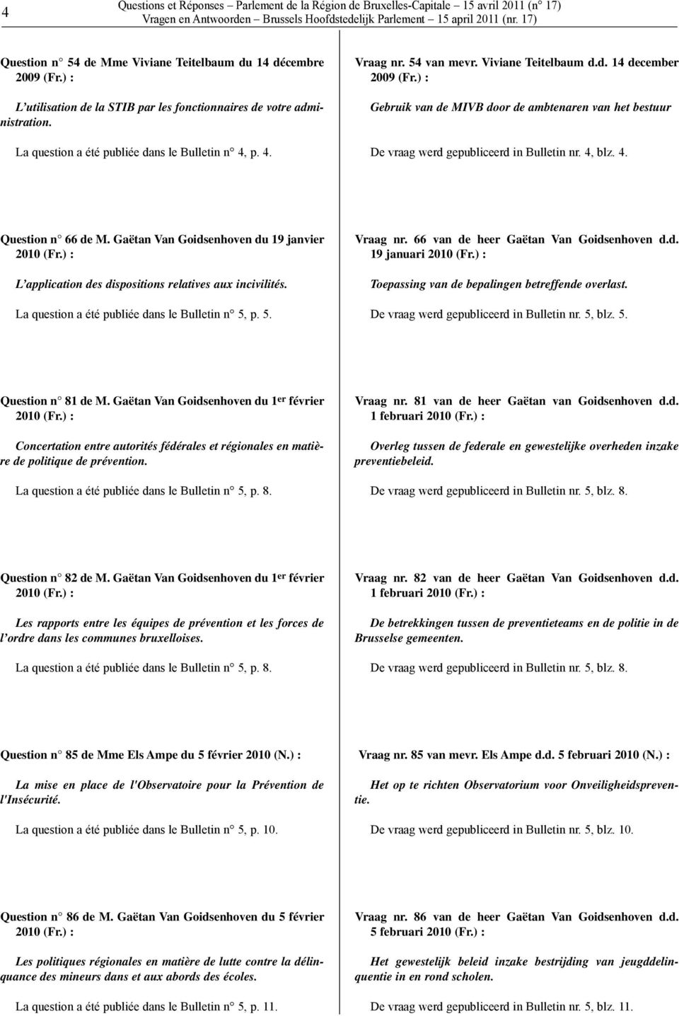 ) : Gebruik van de MIVB door de ambtenaren van het bestuur De vraag werd gepubliceerd in Bulletin nr. 4, blz. 4. Question n 66 de M. Gaëtan Van Goidsenhoven du 19 janvier 2010 (Fr.