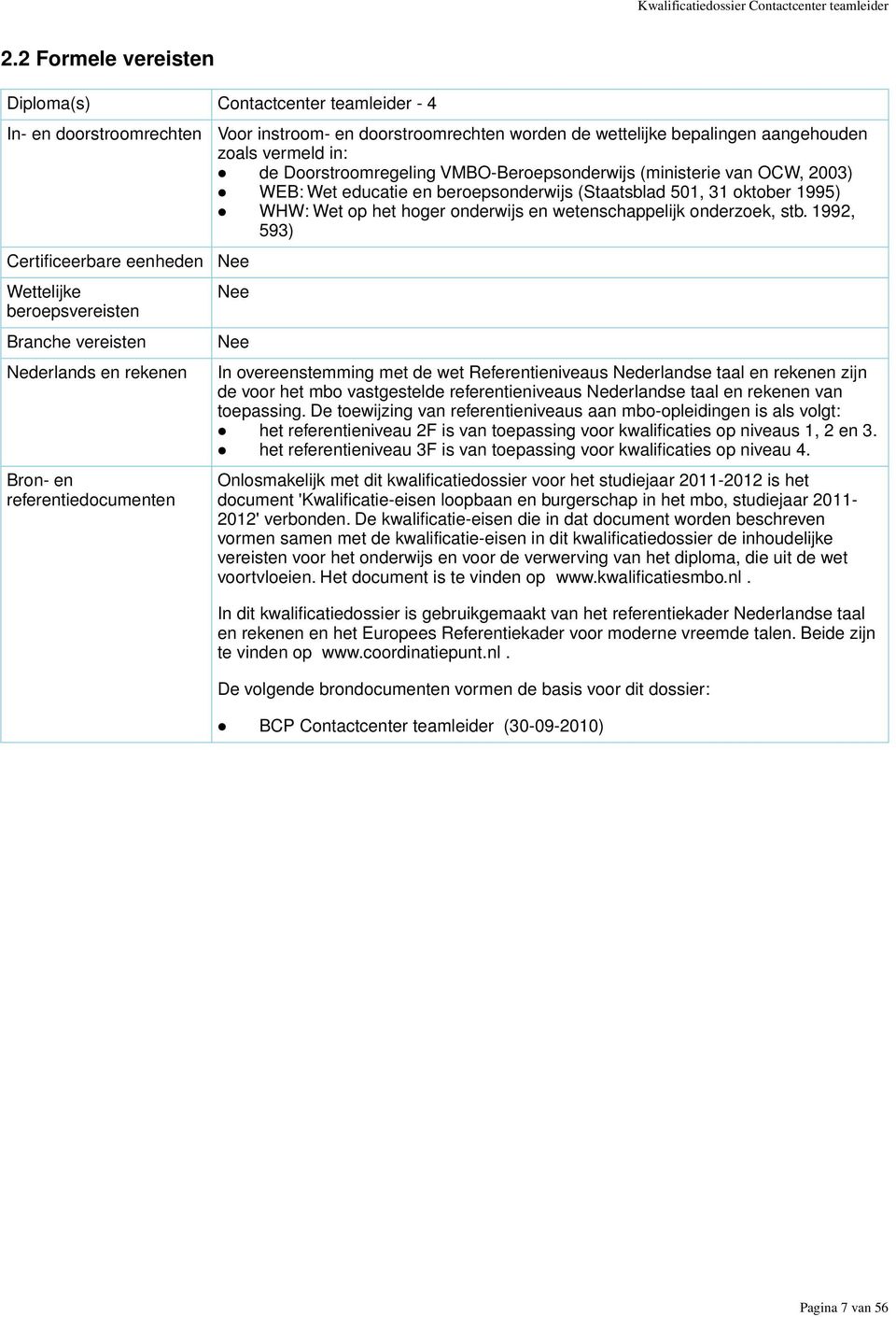 referentiedocumenten Voor instroom- en doorstroomrechten worden de wettelijke bepalingen aangehouden zoals vermeld in: de Doorstroomregeling VMBO-Beroepsonderwijs (ministerie van OCW, 2003) WEB: Wet