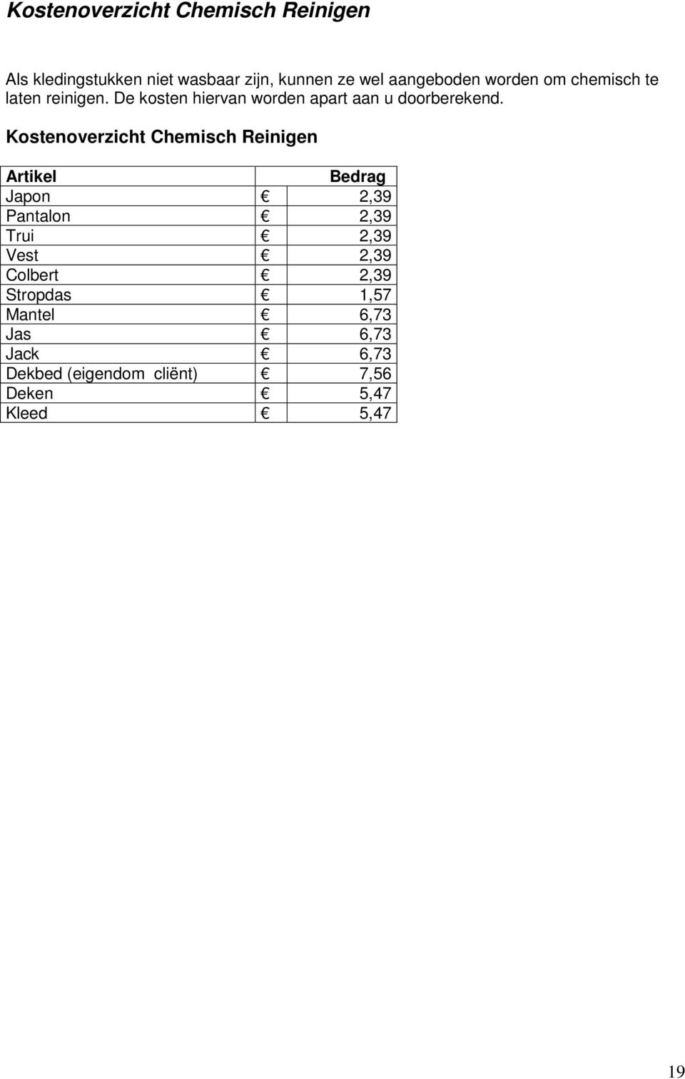 Kostenoverzicht Chemisch Reinigen Artikel Bedrag Japon 2,39 Pantalon 2,39 Trui 2,39 Vest 2,39