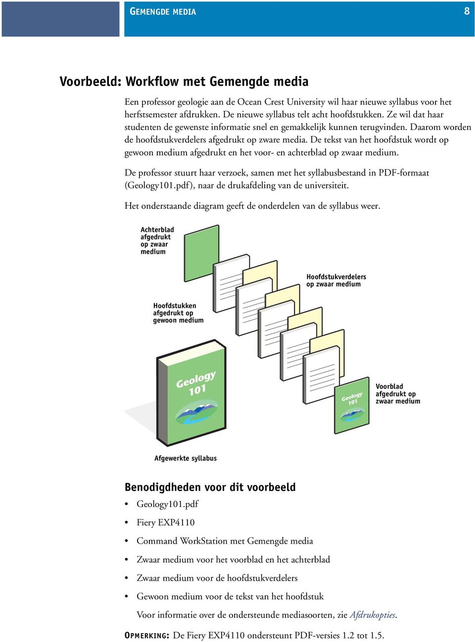 De tekst van het hoofdstuk wordt op gewoon medium afgedrukt en het voor- en achterblad op zwaar medium. De professor stuurt haar verzoek, samen met het syllabusbestand in PDF-formaat (Geology101.