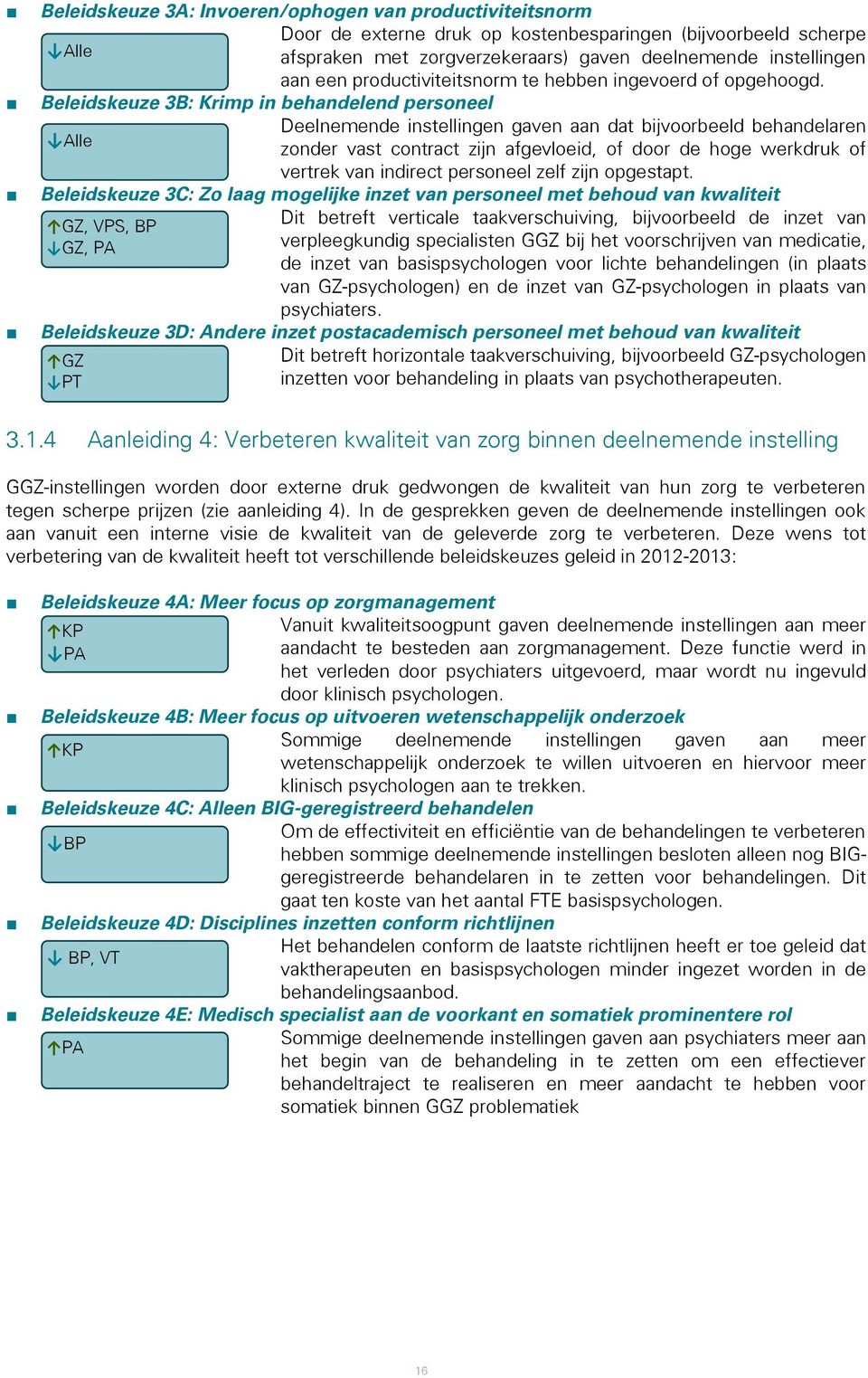 Beleidskeuze 3B: Krimp in behandelend personeel Deelnemende instellingen gaven aan dat bijvoorbeeld behandelaren Alle zonder vast contract zijn afgevloeid, of door de hoge werkdruk of vertrek van