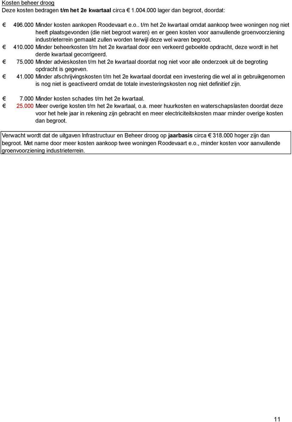 000 Minder beheerkosten t/m het 2e kwartaal door een verkeerd geboekte opdracht, deze wordt in het derde kwartaal gecorrigeerd. 75.