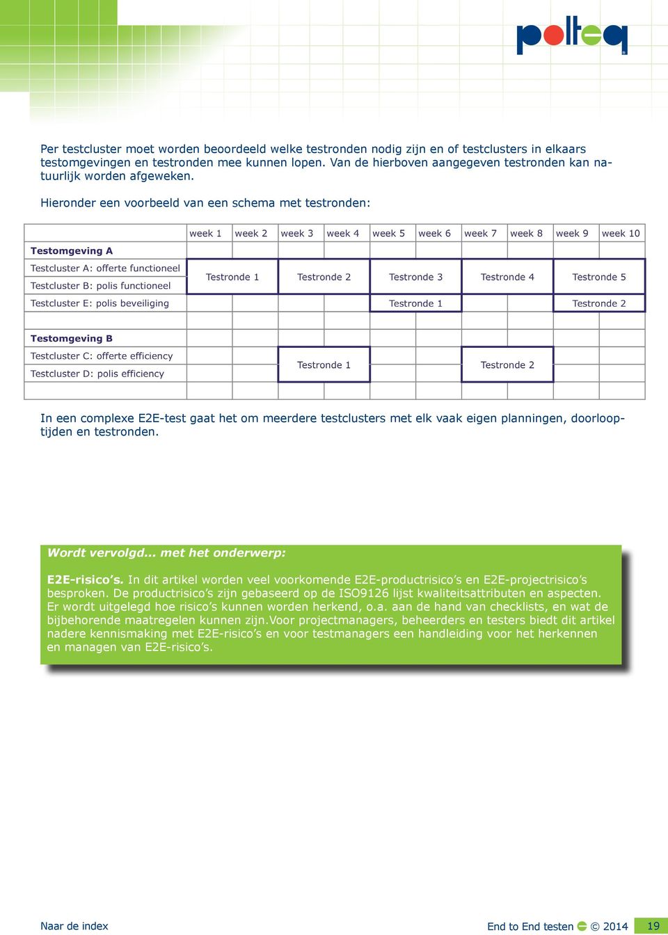 Hieronder een voorbeeld van een schema met testronden: In een complexe E2E-test gaat het om meerdere testclusters met elk vaak eigen planningen, doorlooptijden en testronden. Wordt vervolgd.