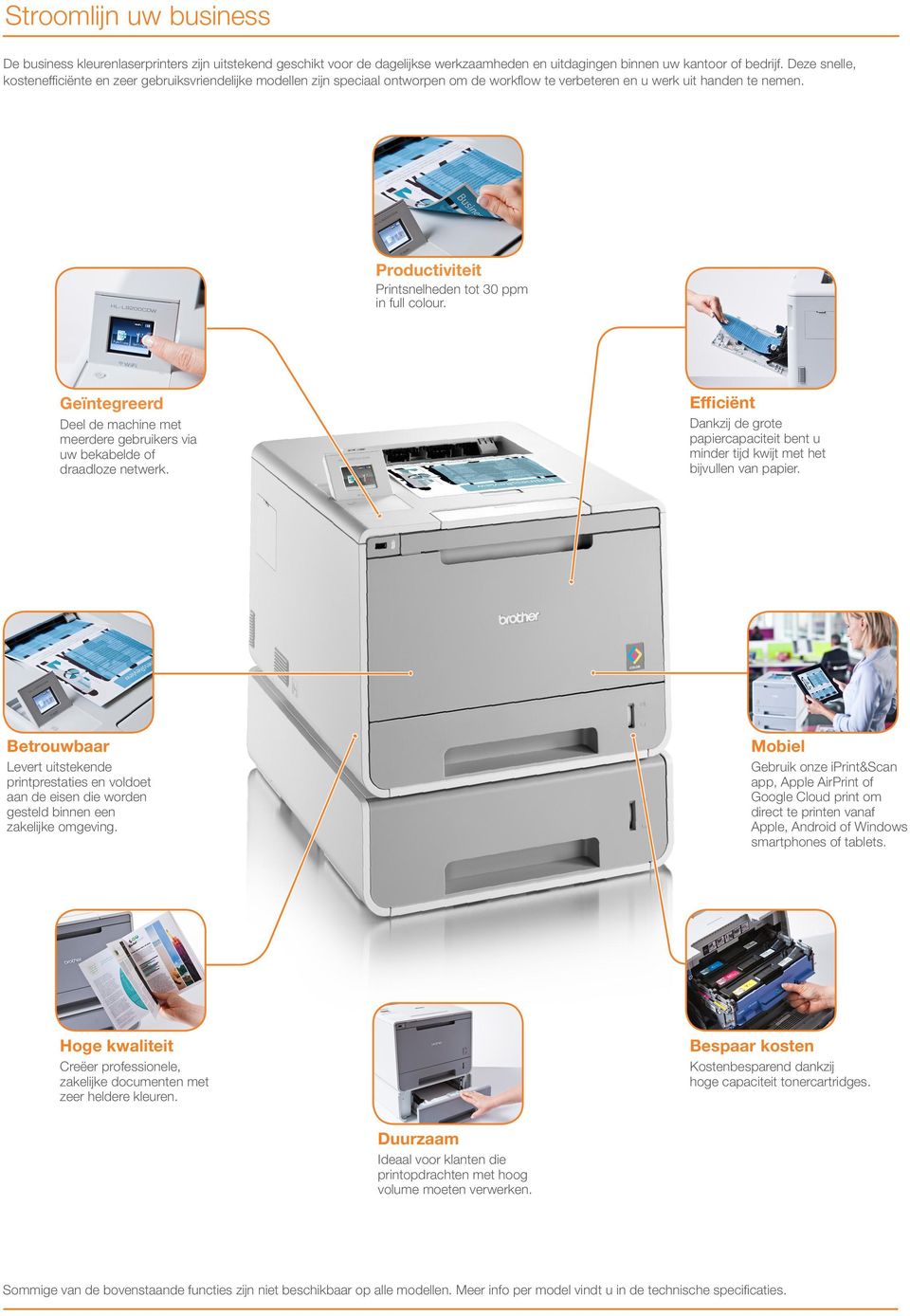 Productiviteit Printsnelheden tot 30 ppm in full colour. Geïntegreerd Deel de machine met meerdere gebruikers via uw bekabelde of draadloze netwerk.