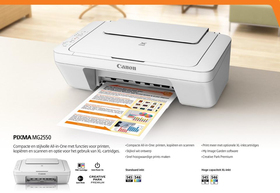 Compacte All-in-One: printen, kopiëren en scannen Stijlvol wit ontwerp Snel hoogwaardige