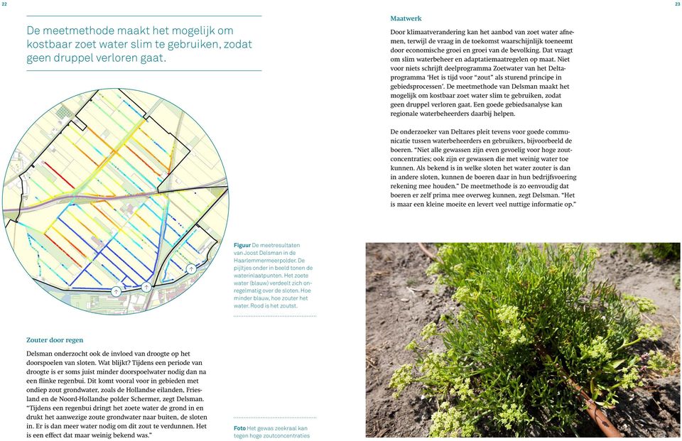 Dat vraagt om slim waterbeheer en adaptatiemaatregelen op maat. Niet voor niets schrijft deelprogramma Zoetwater van het Deltaprogramma Het is tijd voor zout als sturend principe in gebiedsprocessen.