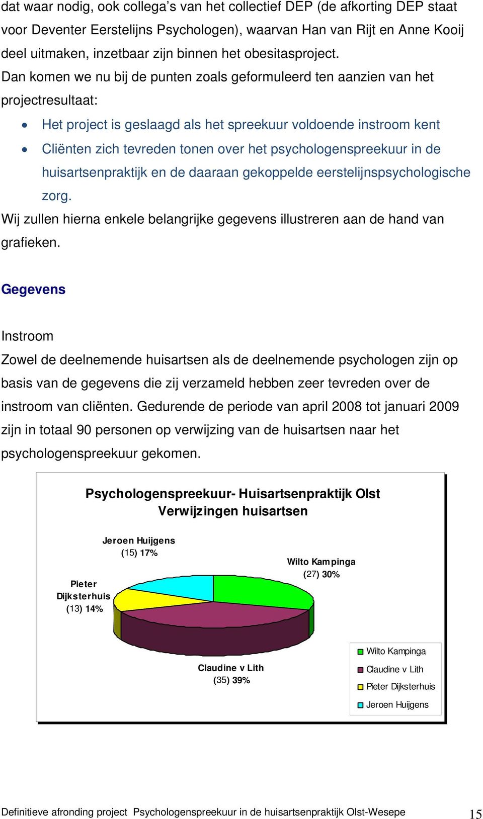 Dan komen we nu bij de punten zoals geformuleerd ten aanzien van het projectresultaat: Het project is geslaagd als het spreekuur voldoende instroom kent Cliënten zich tevreden tonen over het