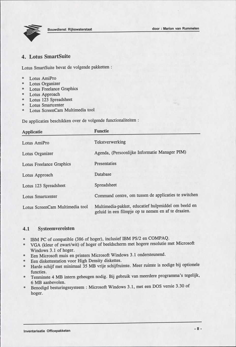 Smartcenter Lotus ScreenCam Multimedia tool Functie Tekstverwerking Agenda, (Persoonlijke Informatie Manager PIM) Presentaties Database Spreadsheet Command centre, om tussen de applicaties te